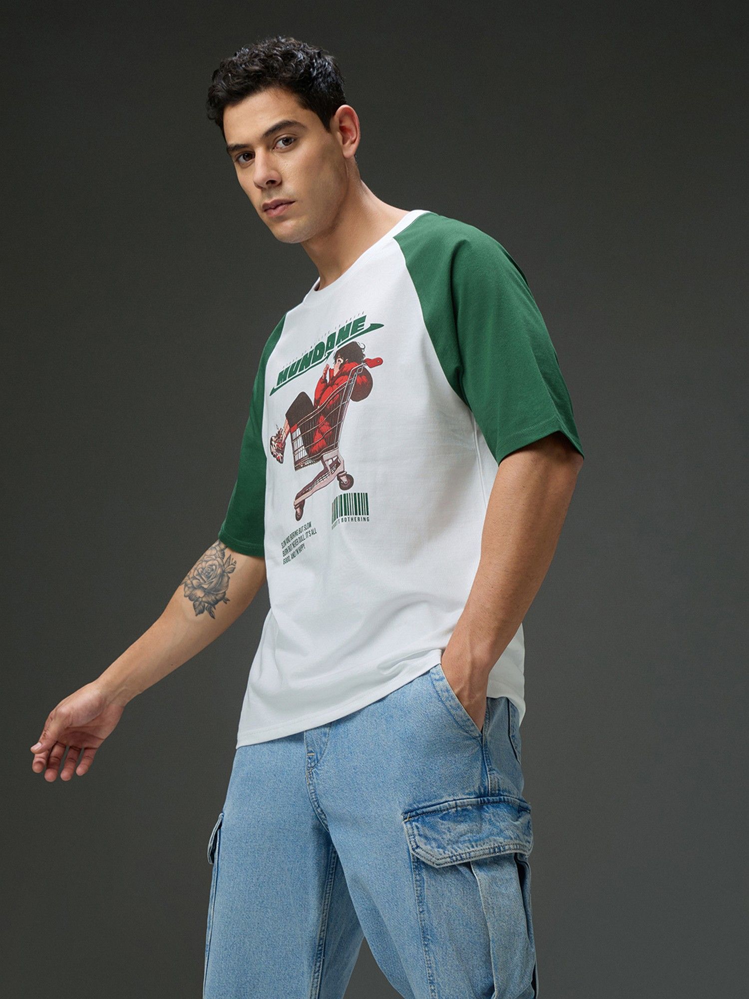 Men Round Neck Raglan Sleeve White Printed Oversized Fit T-Shirt