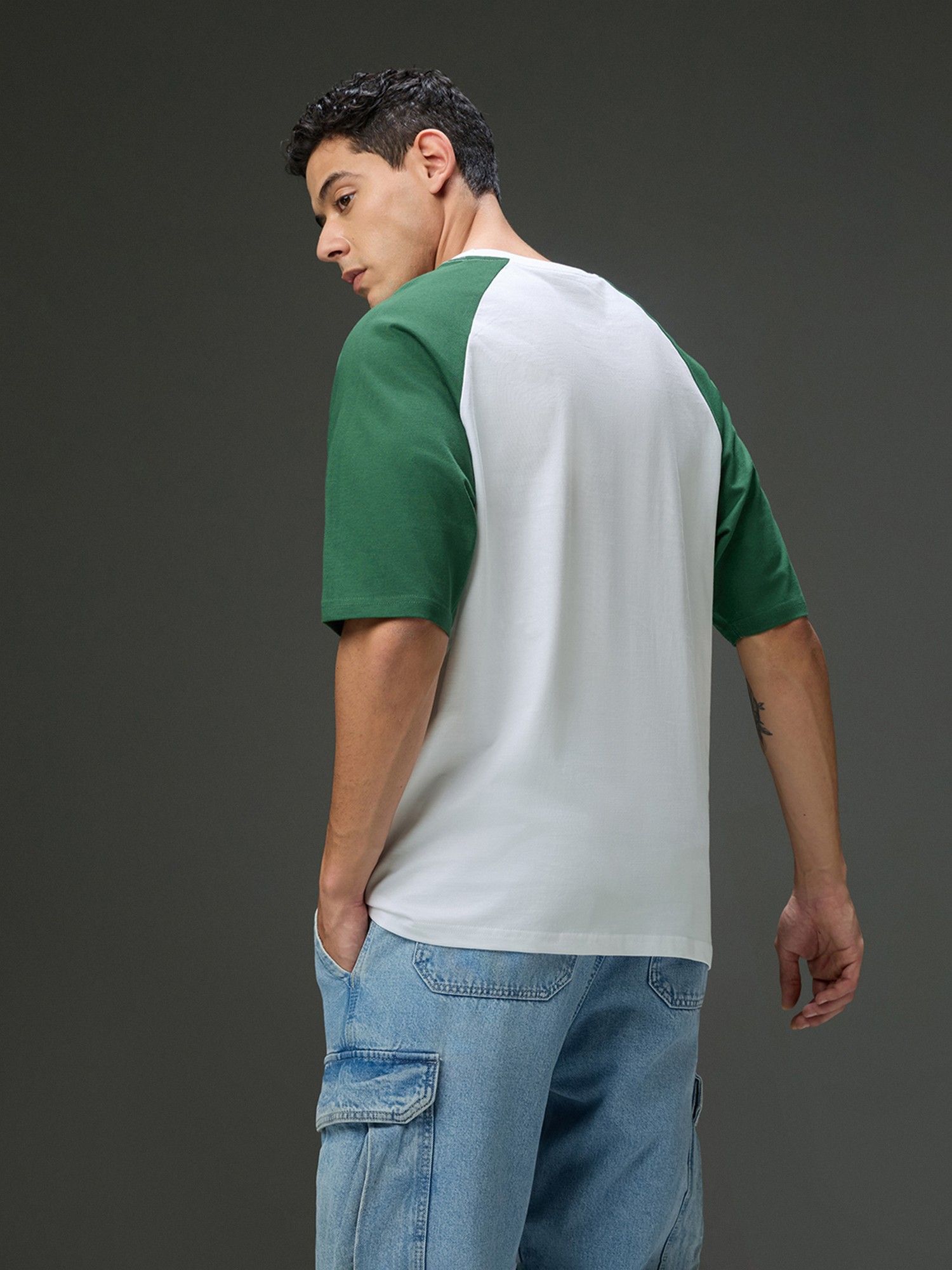 Men Round Neck Raglan Sleeve White Printed Oversized Fit T-Shirt