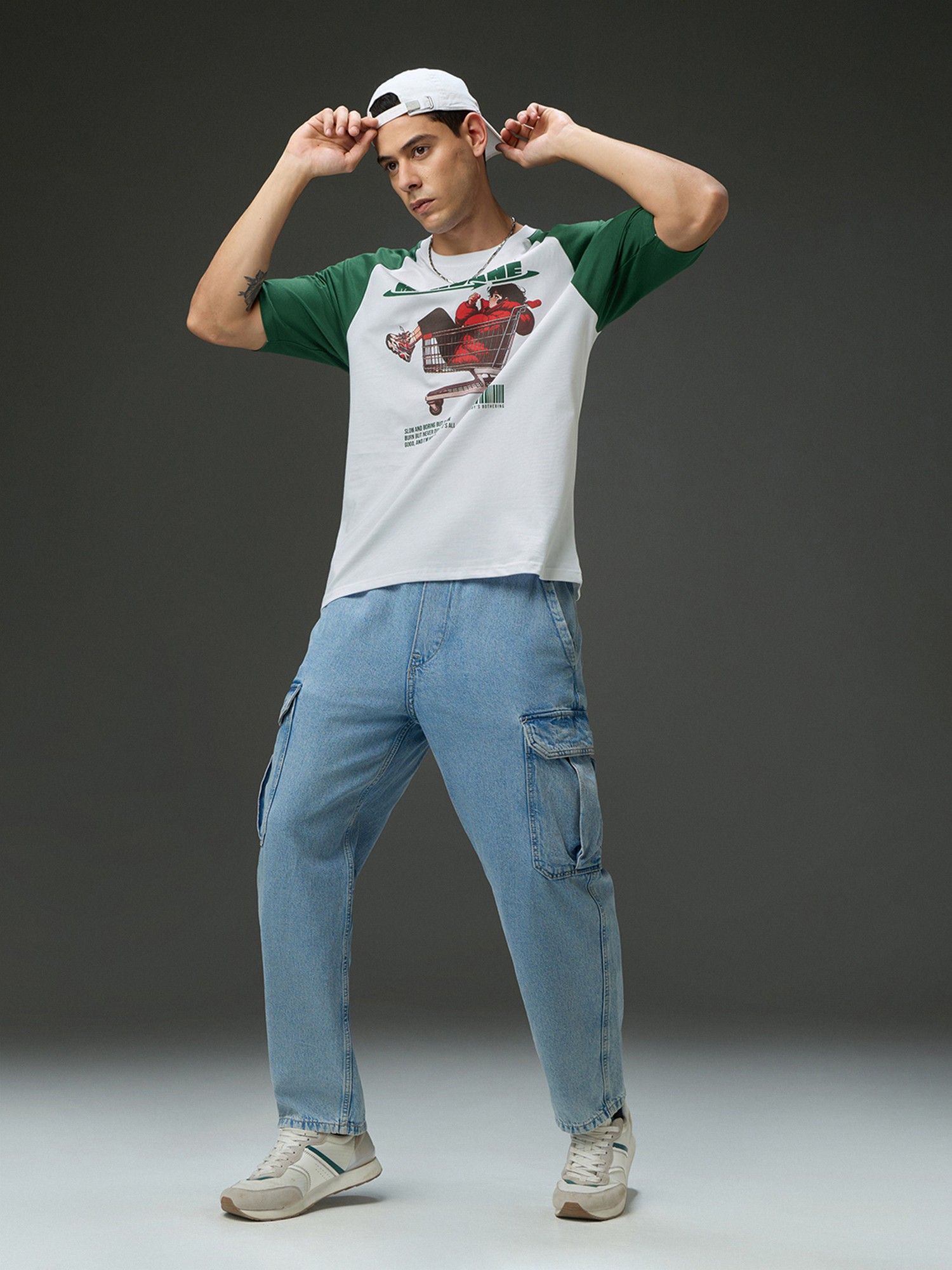 Men Round Neck Raglan Sleeve White Printed Oversized Fit T-Shirt