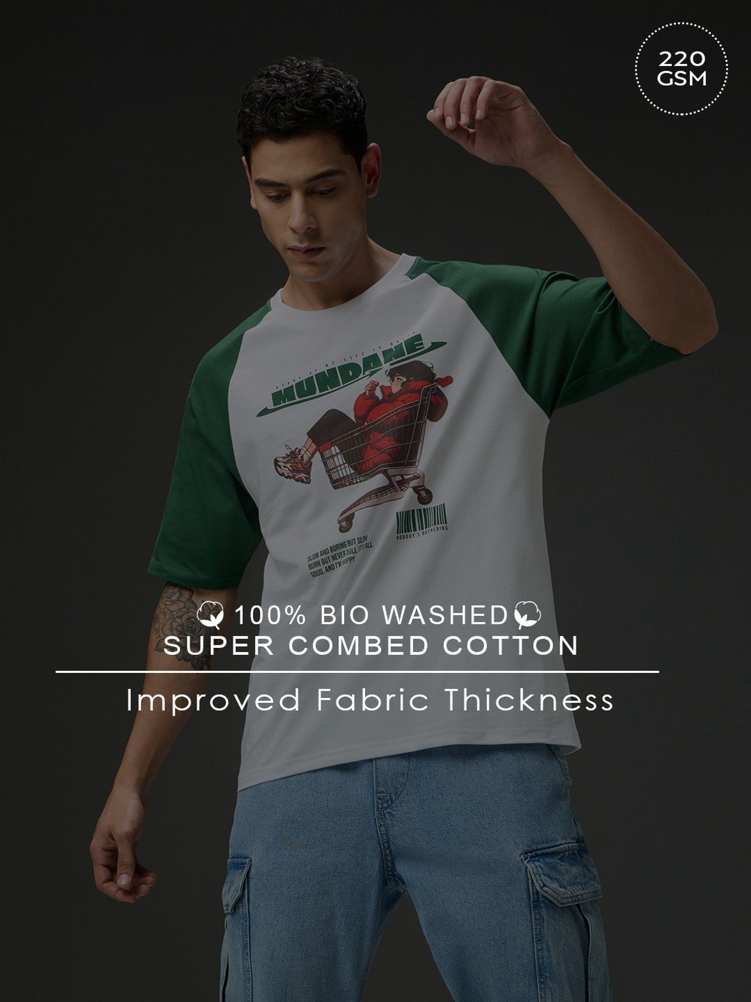 Men Round Neck Raglan Sleeve White Printed Oversized Fit T-Shirt