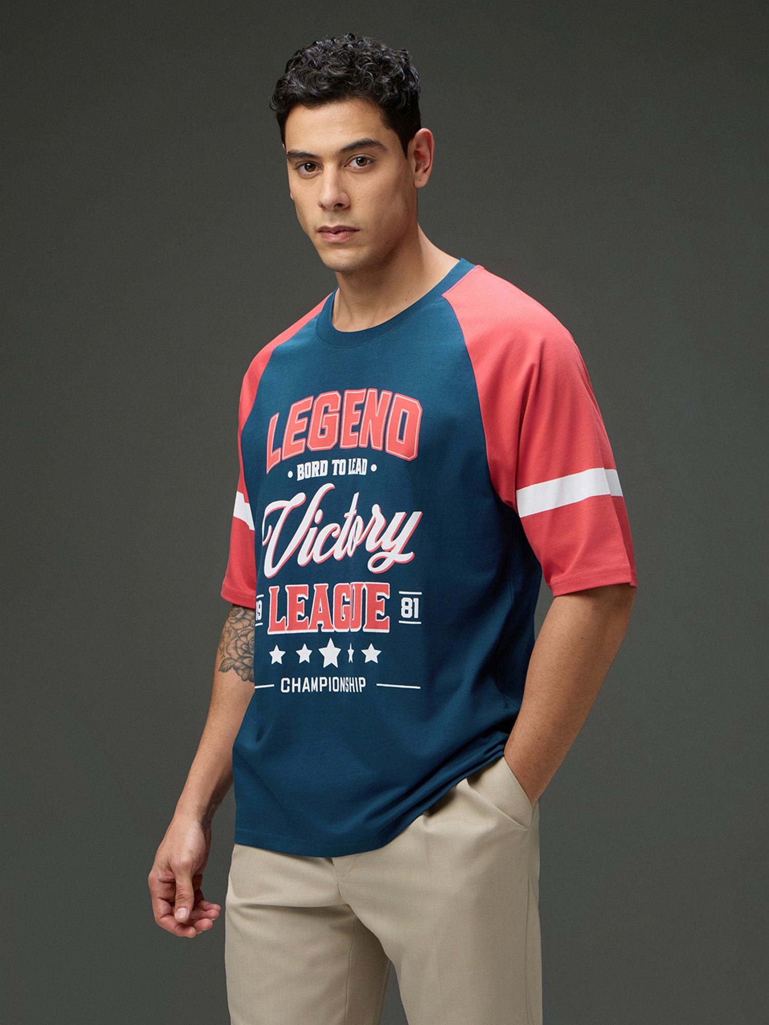 Men Round Neck Raglan Sleeve Printed Blue Oversized Fit T-Shirt