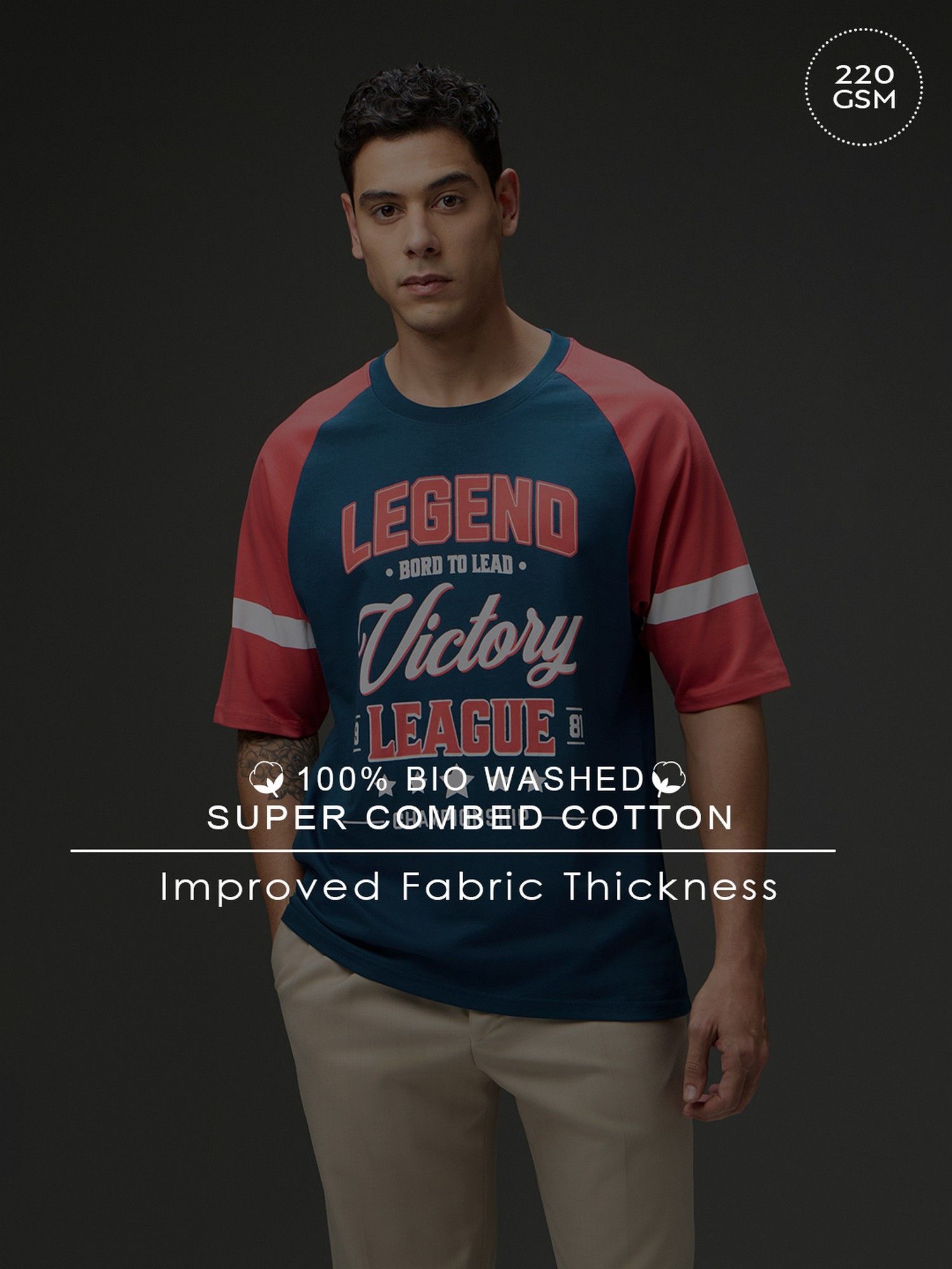 Men Round Neck Raglan Sleeve Printed Blue Oversized Fit T-Shirt