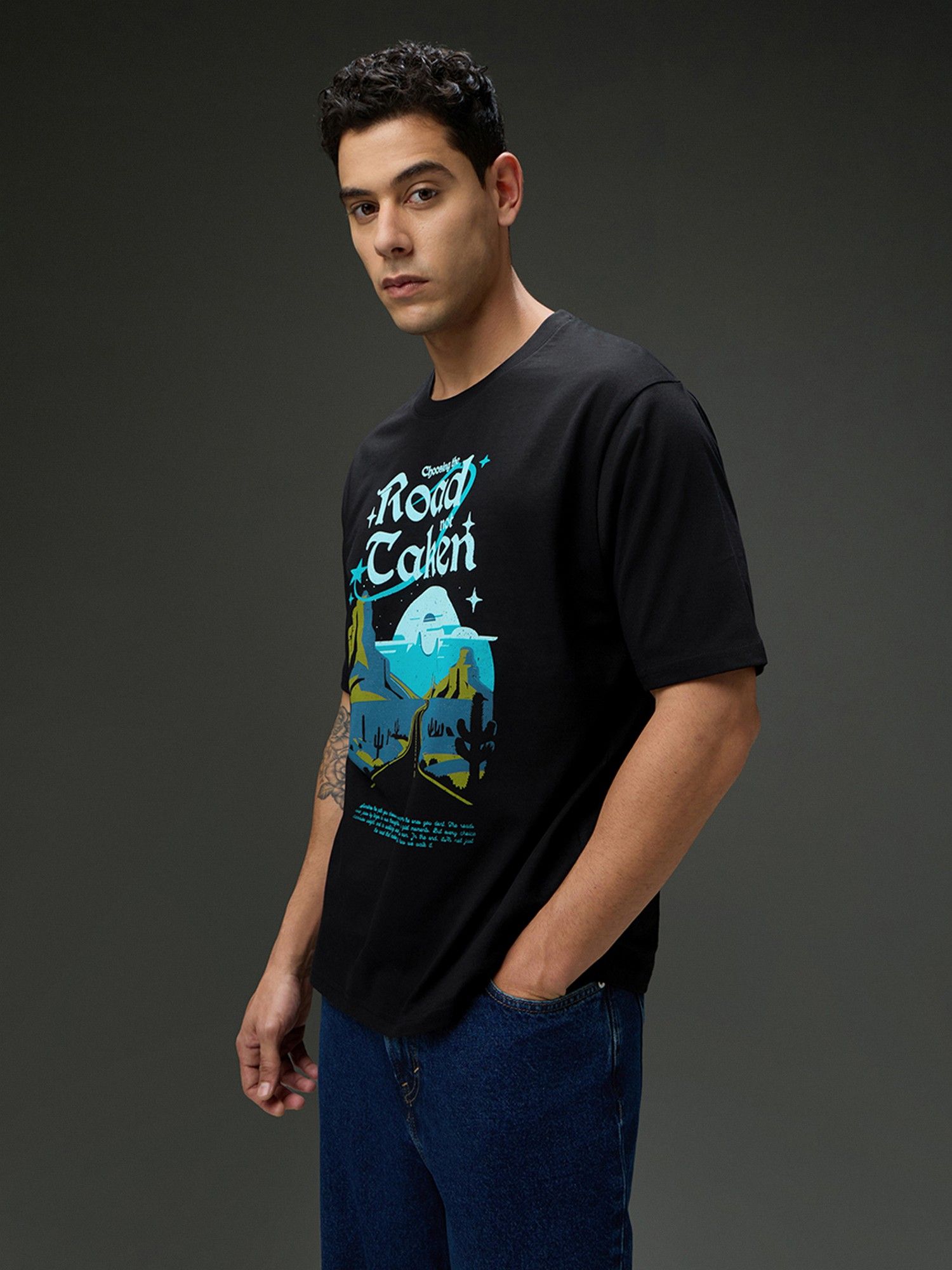 Men Round Neck Half Sleeve Black Printed Oversized Fit T-Shirt
