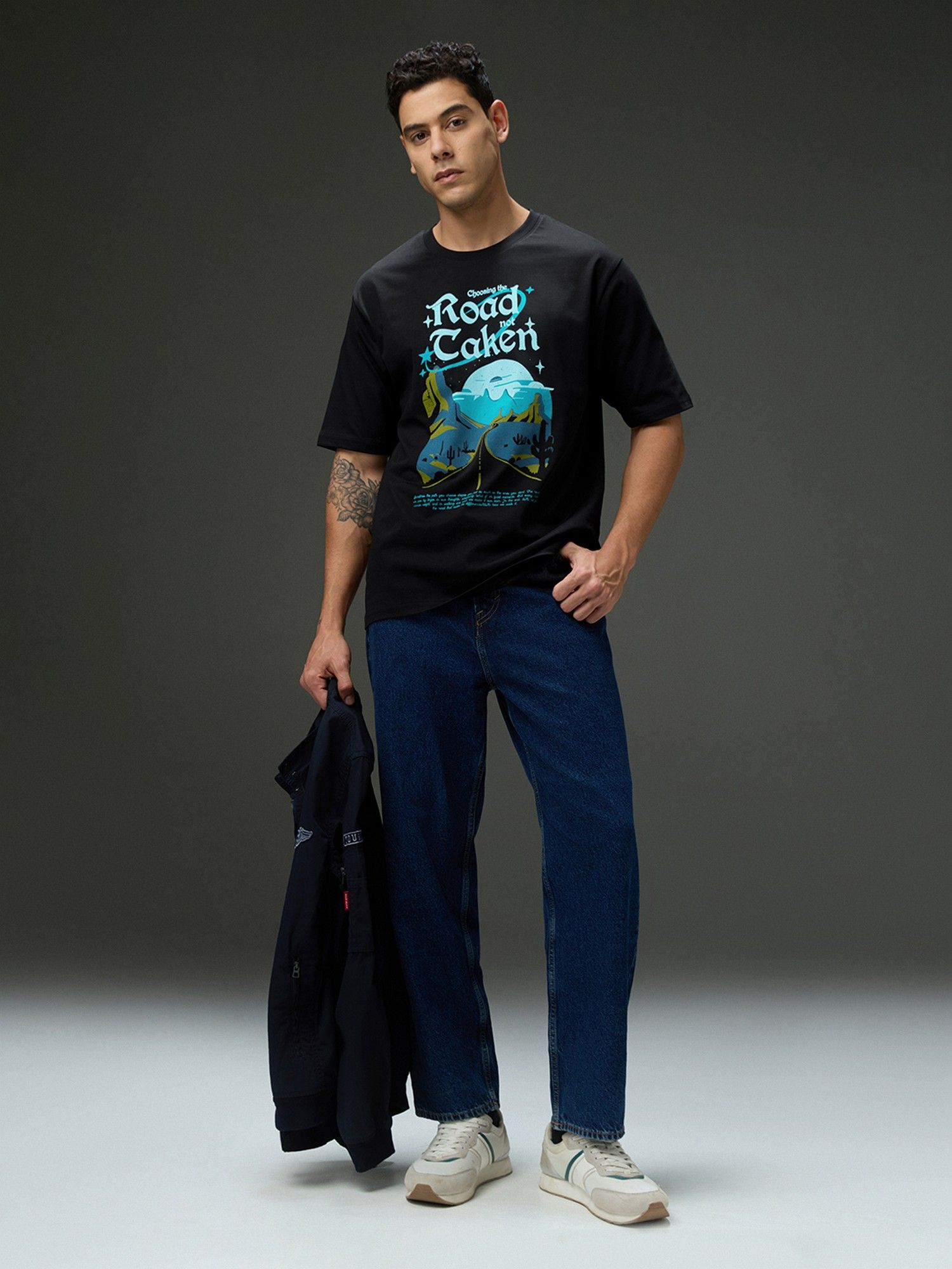 Men Round Neck Half Sleeve Black Printed Oversized Fit T-Shirt