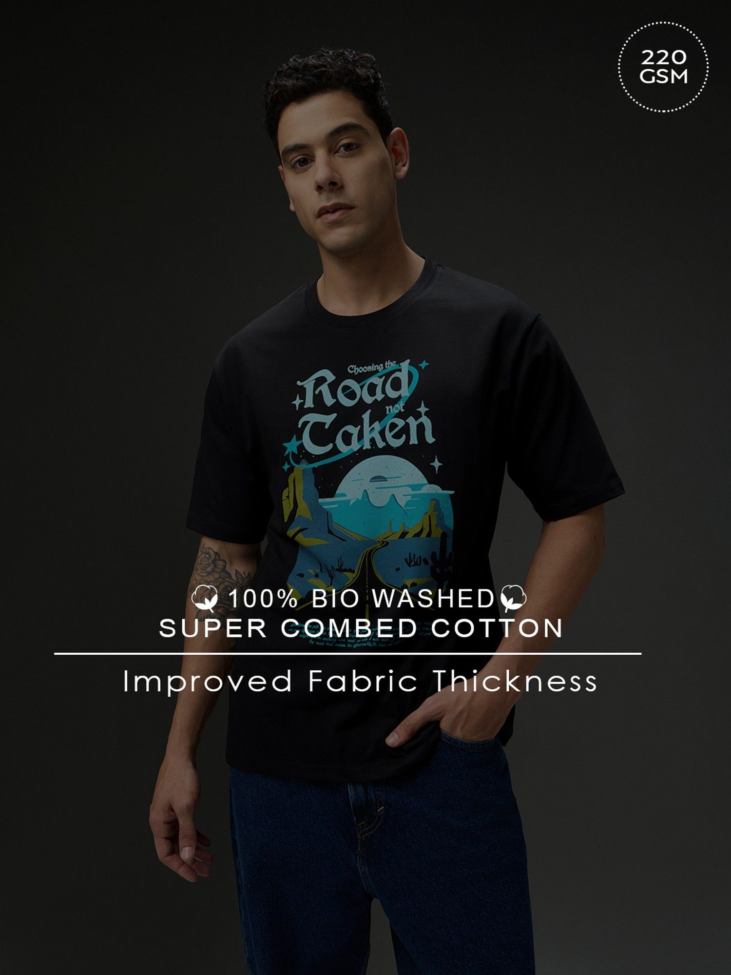 Men Round Neck Half Sleeve Black Printed Oversized Fit T-Shirt