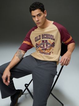 DILLINGER - Men Round Neck Raglan Sleeve Beige Printed Oversized Fit T-Shirt