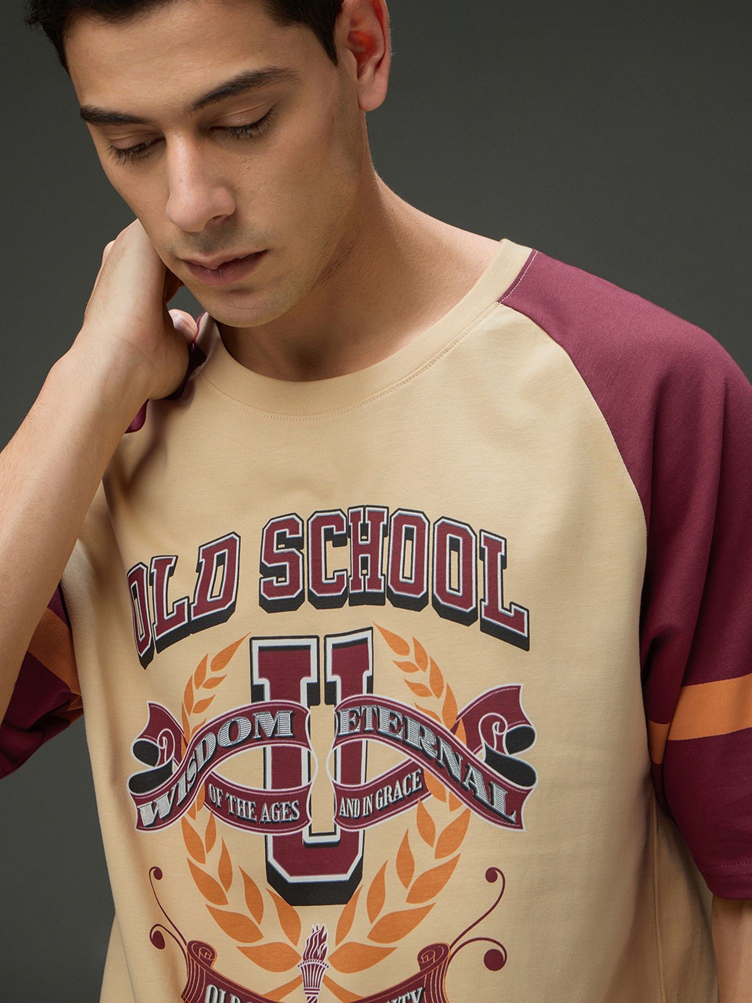 Men Round Neck Raglan Sleeve Beige Printed Oversized Fit T-Shirt