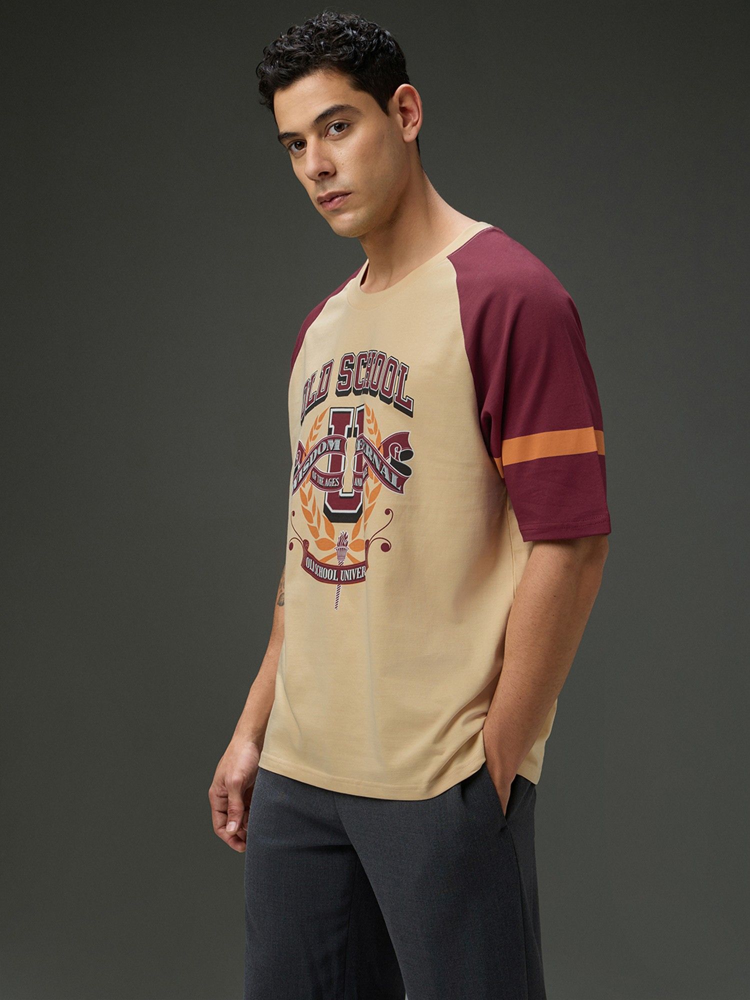 Men Round Neck Raglan Sleeve Beige Printed Oversized Fit T-Shirt