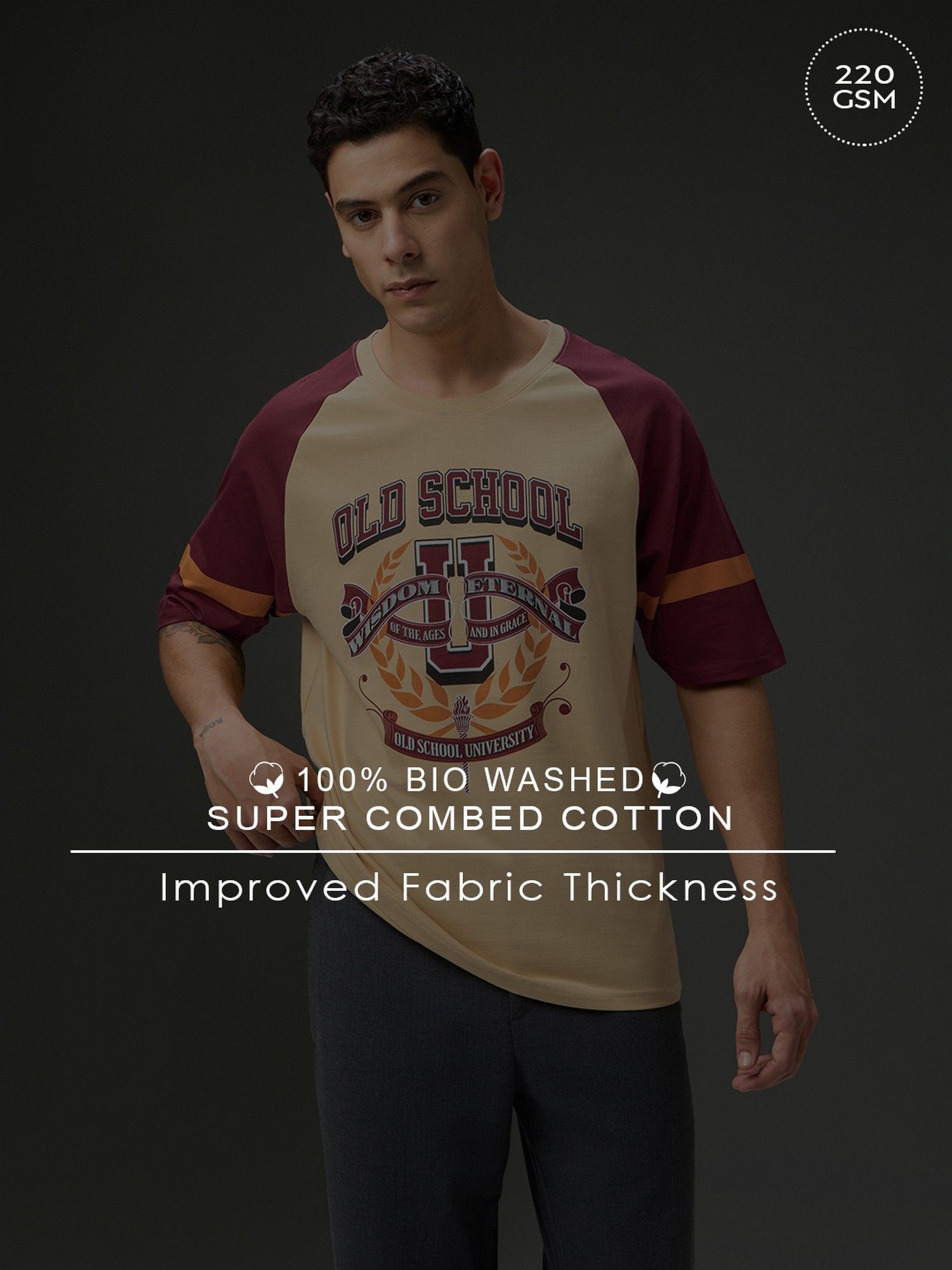 Men Round Neck Raglan Sleeve Beige Printed Oversized Fit T-Shirt