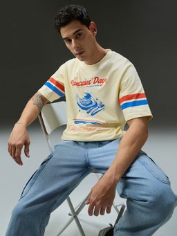 DILLINGER - Men Round Neck Half Sleeve Printed Beige Oversized T-Shirt