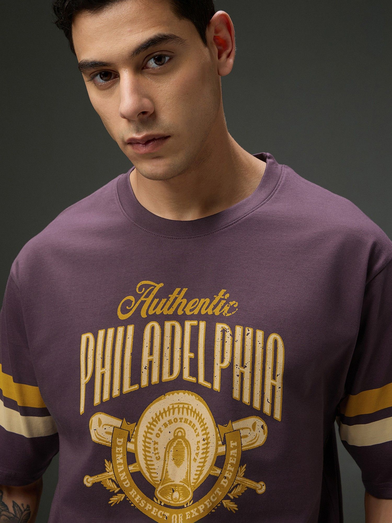 Brown Men Round Neck Half Sleeve Printed Oversized Fit T-Shirt