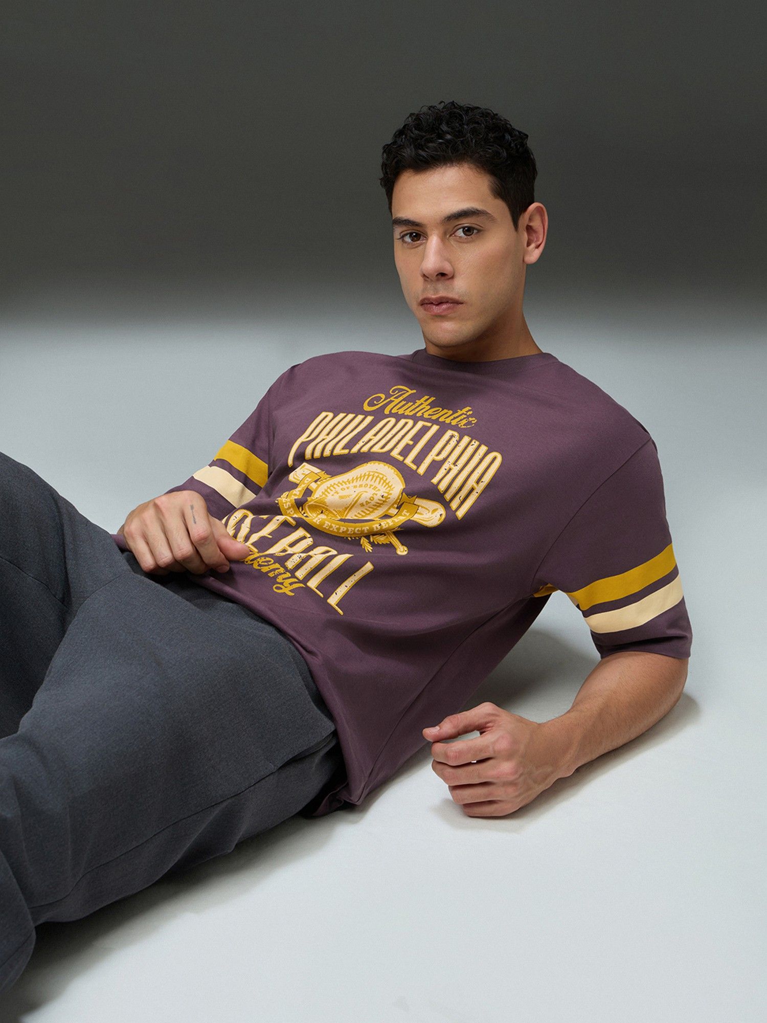 Brown Men Round Neck Half Sleeve Printed Oversized Fit T-Shirt