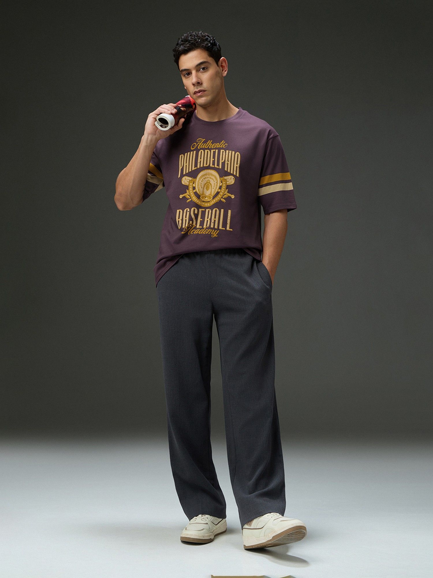 Brown Men Round Neck Half Sleeve Printed Oversized Fit T-Shirt