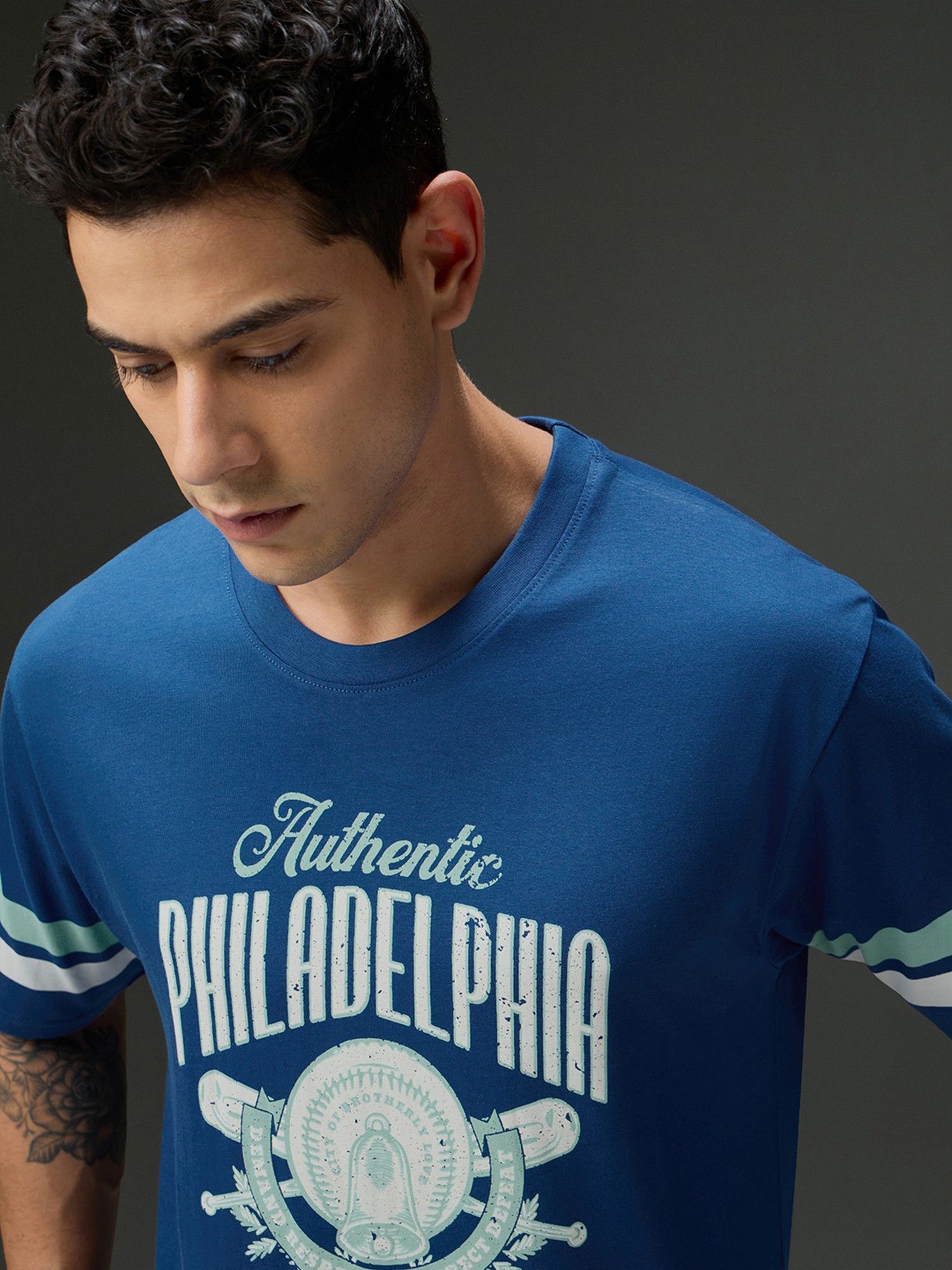 Men Round Neck Half Sleeve Printed Oversized Fit Blue T-Shirt
