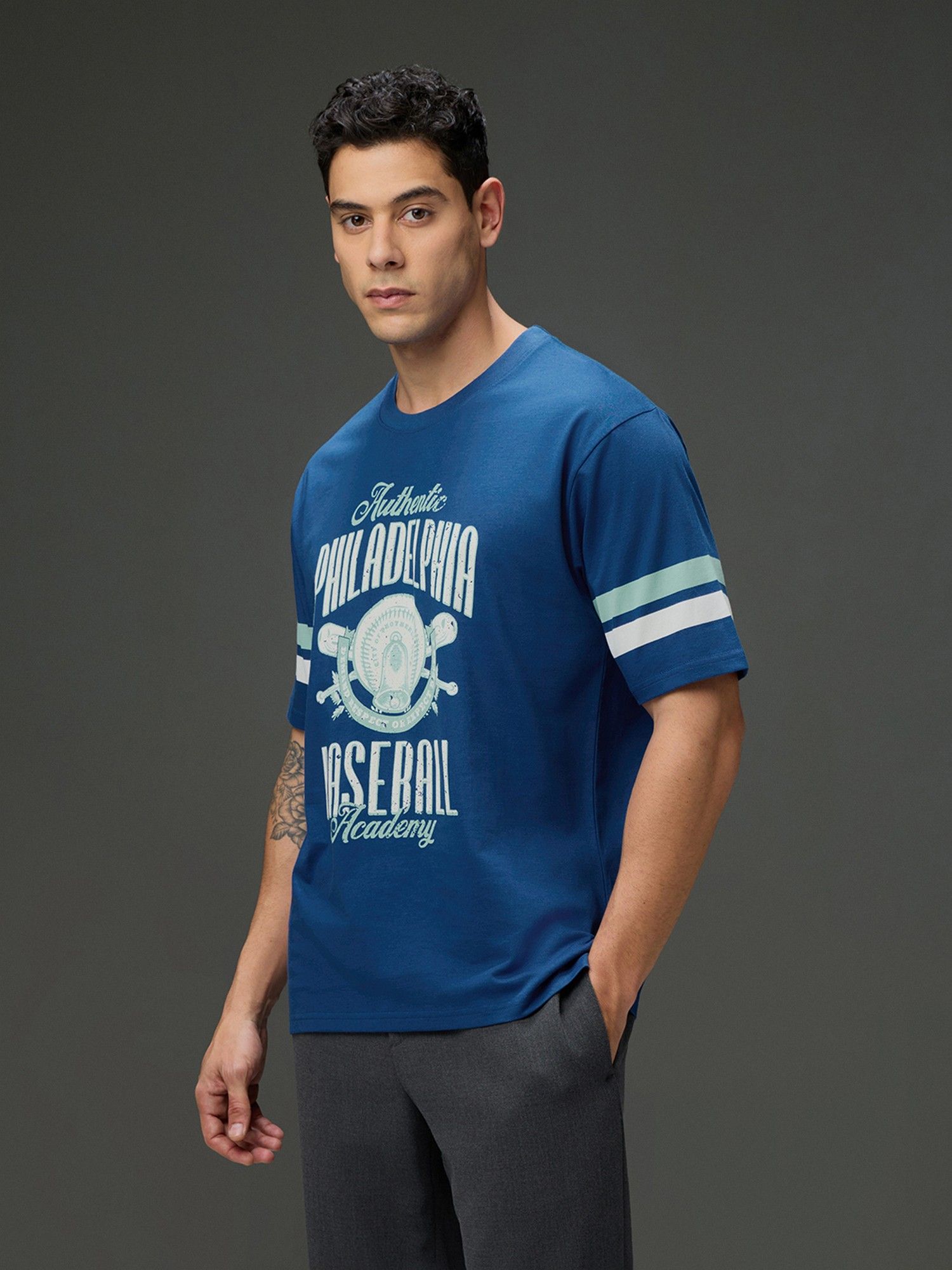 Men Round Neck Half Sleeve Printed Oversized Fit Blue T-Shirt