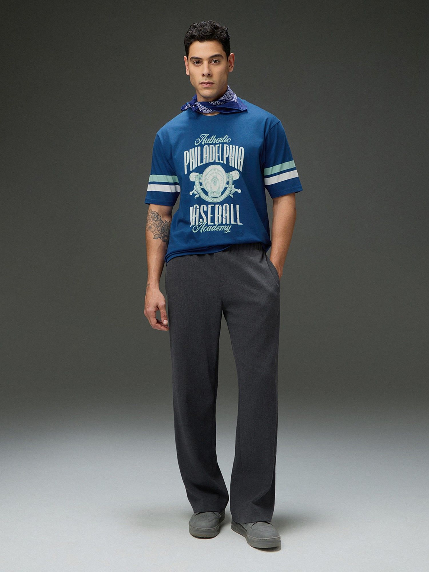 Men Round Neck Half Sleeve Printed Oversized Fit Blue T-Shirt