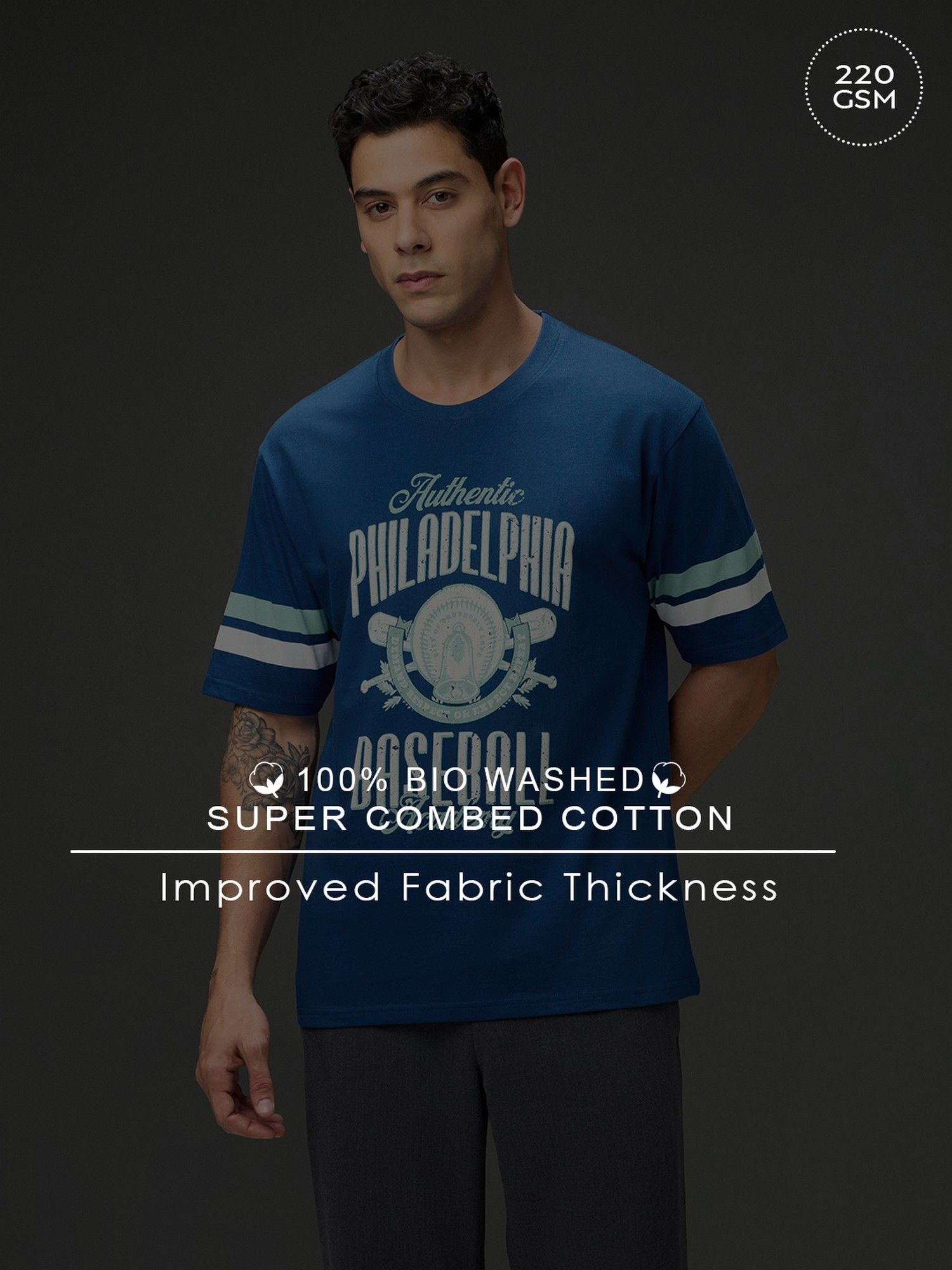 Men Round Neck Half Sleeve Printed Oversized Fit Blue T-Shirt