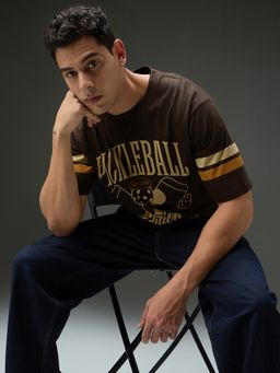 DILLINGER - Men Round Neck Half Sleeve Printed Oversized Fit Brown T-Shirt
