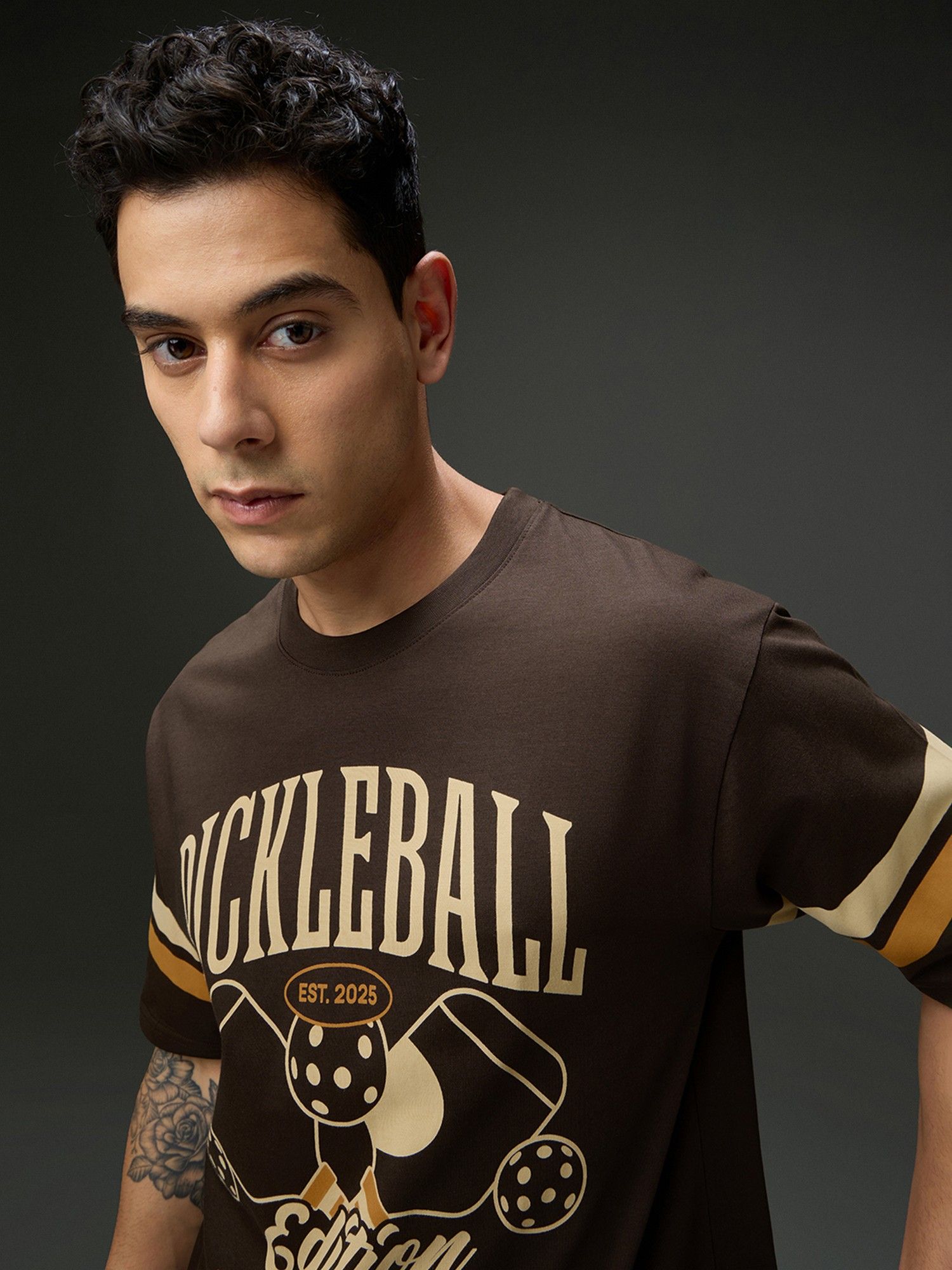 Men Round Neck Half Sleeve Printed Oversized Fit Brown T-Shirt