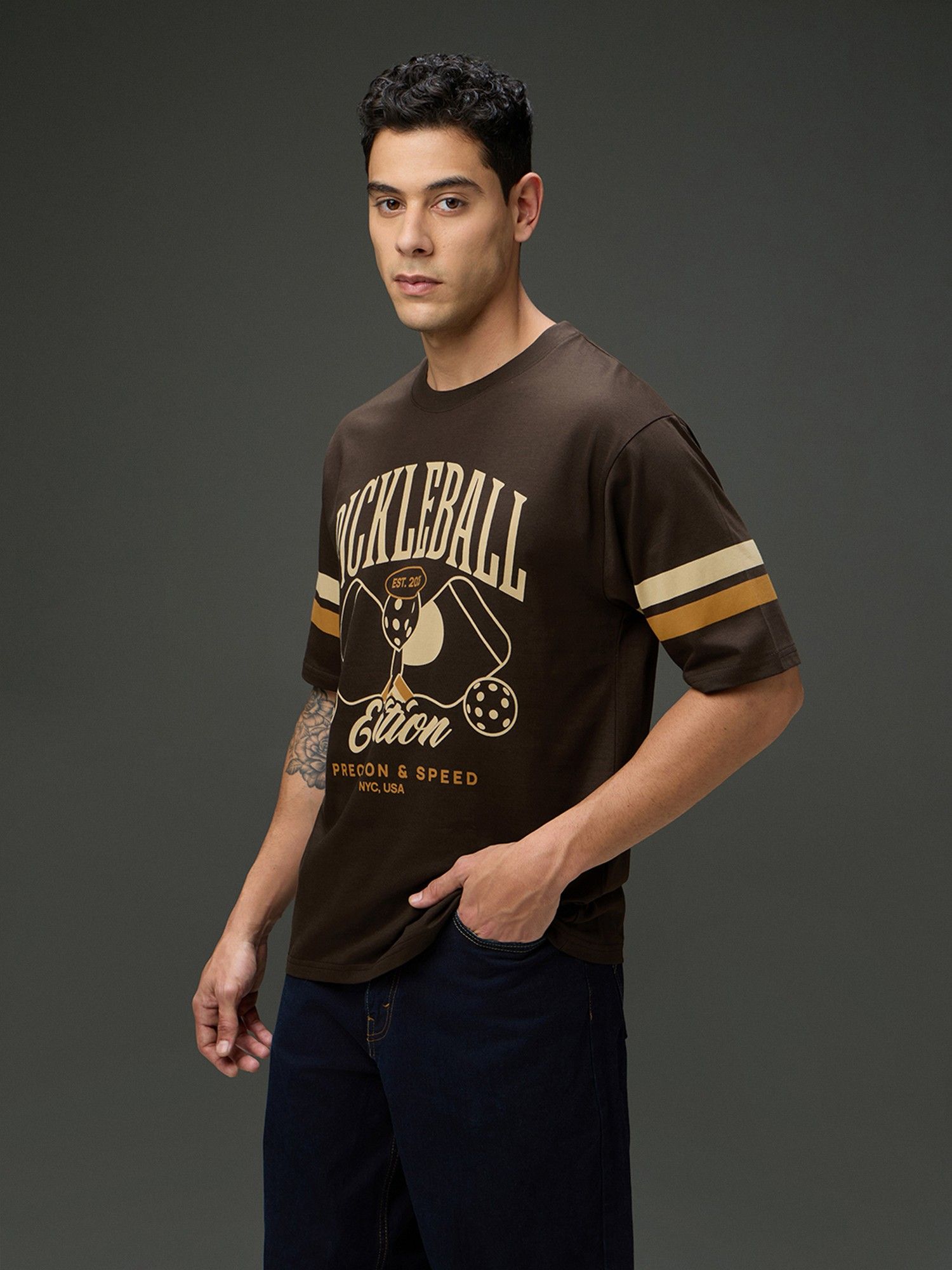 Men Round Neck Half Sleeve Printed Oversized Fit Brown T-Shirt