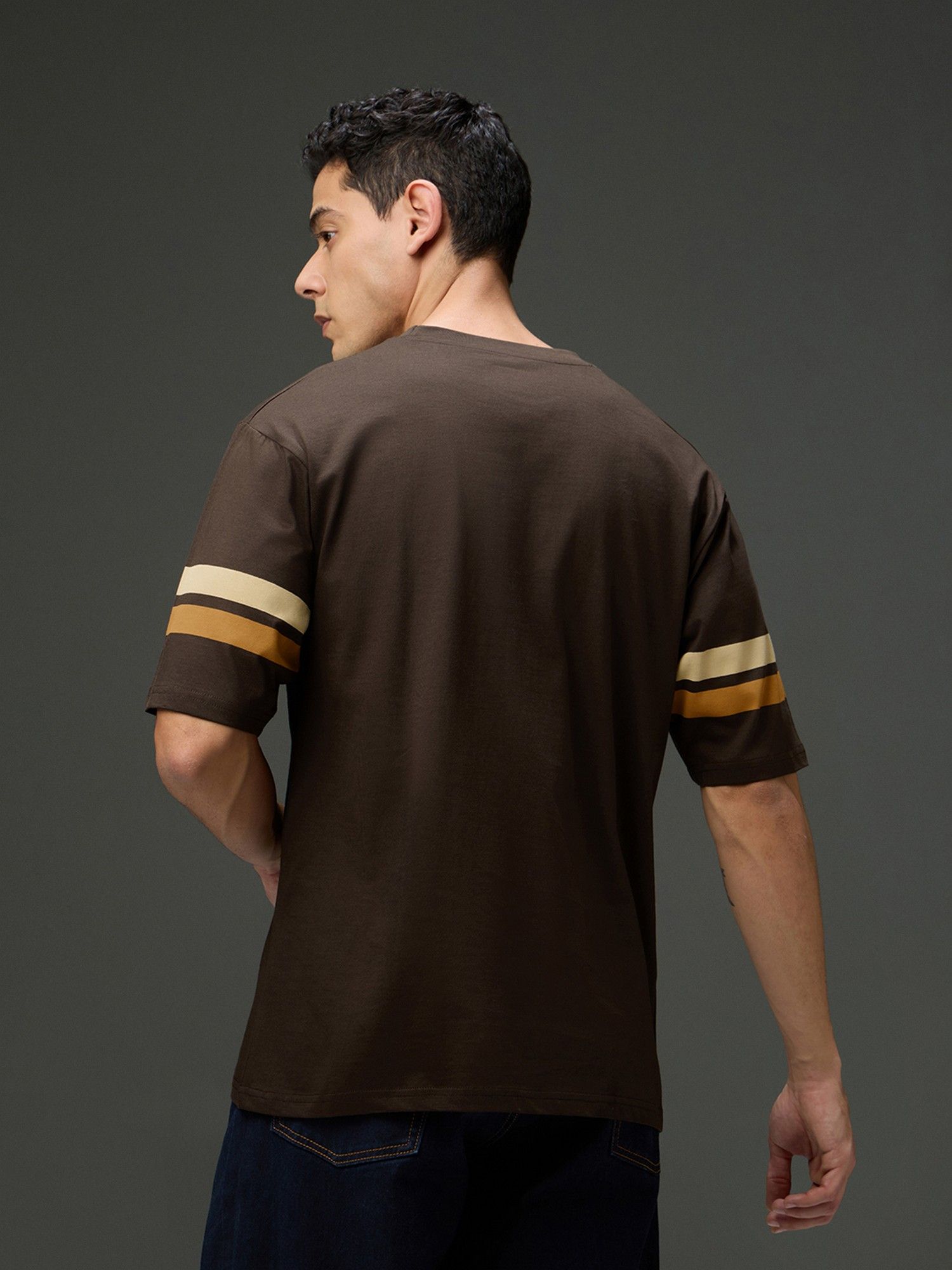 Men Round Neck Half Sleeve Printed Oversized Fit Brown T-Shirt