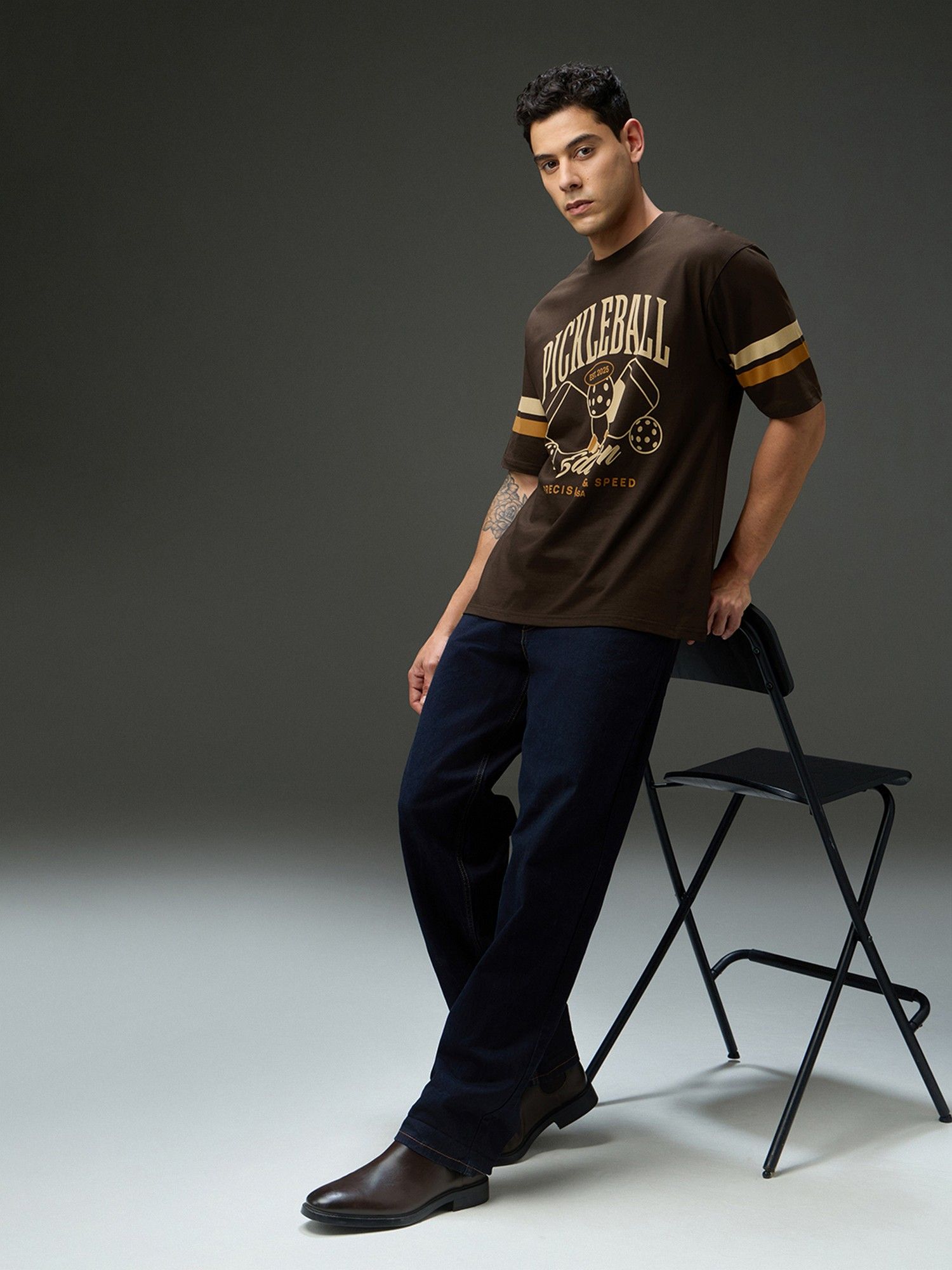 Men Round Neck Half Sleeve Printed Oversized Fit Brown T-Shirt