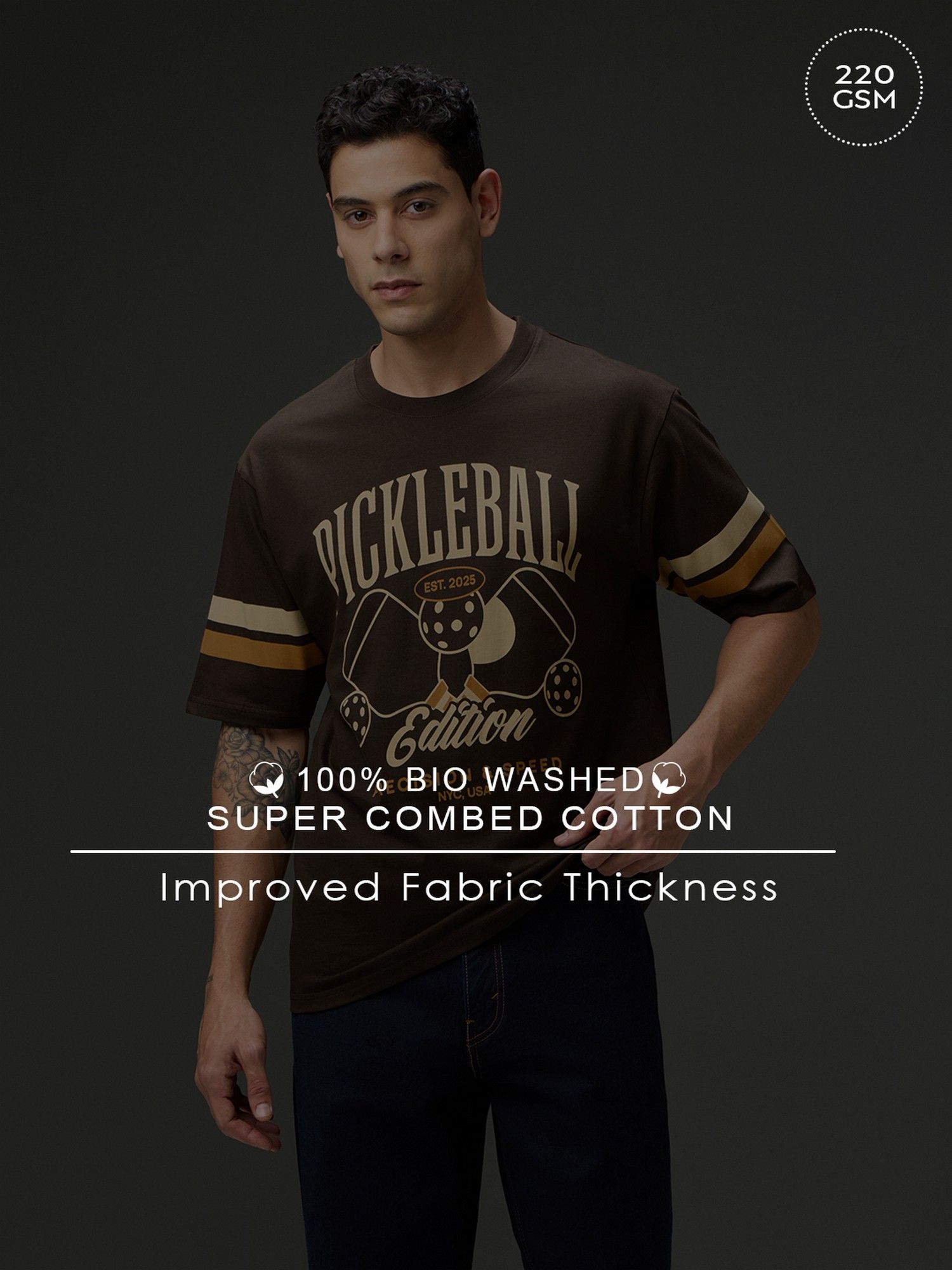 Men Round Neck Half Sleeve Printed Oversized Fit Brown T-Shirt