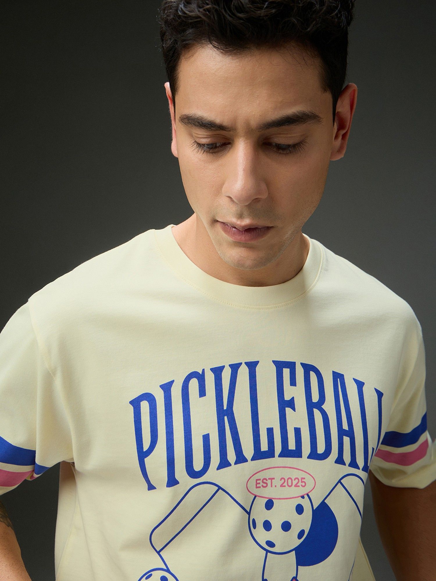 Men Round Neck Half Sleeve Printed Oversized Fit Beige T-Shirt