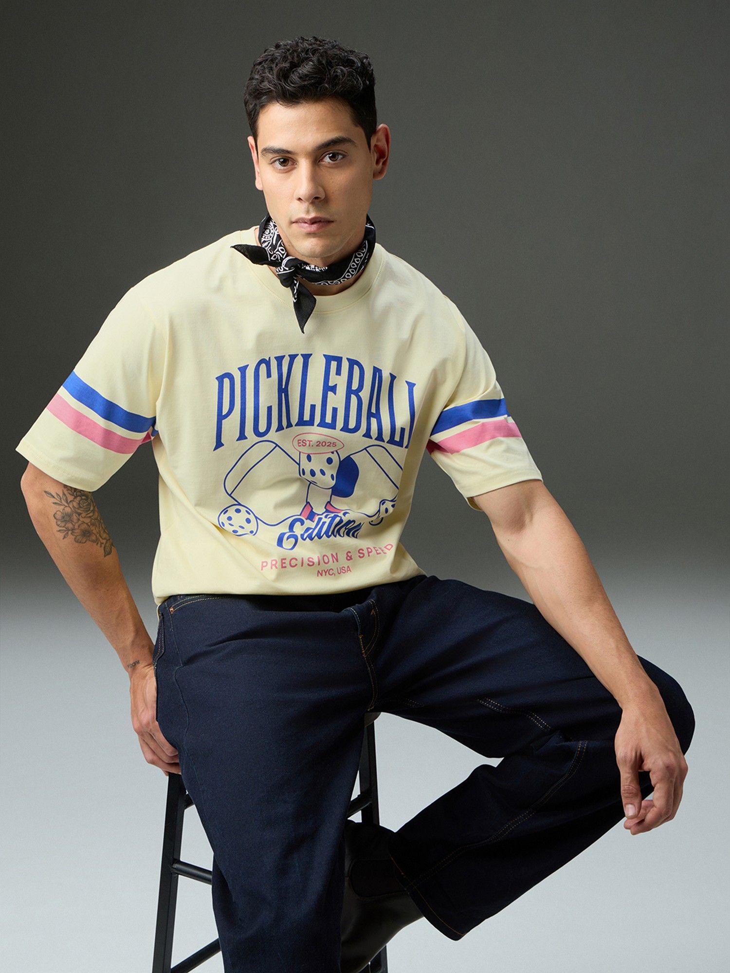 Men Round Neck Half Sleeve Printed Oversized Fit Beige T-Shirt