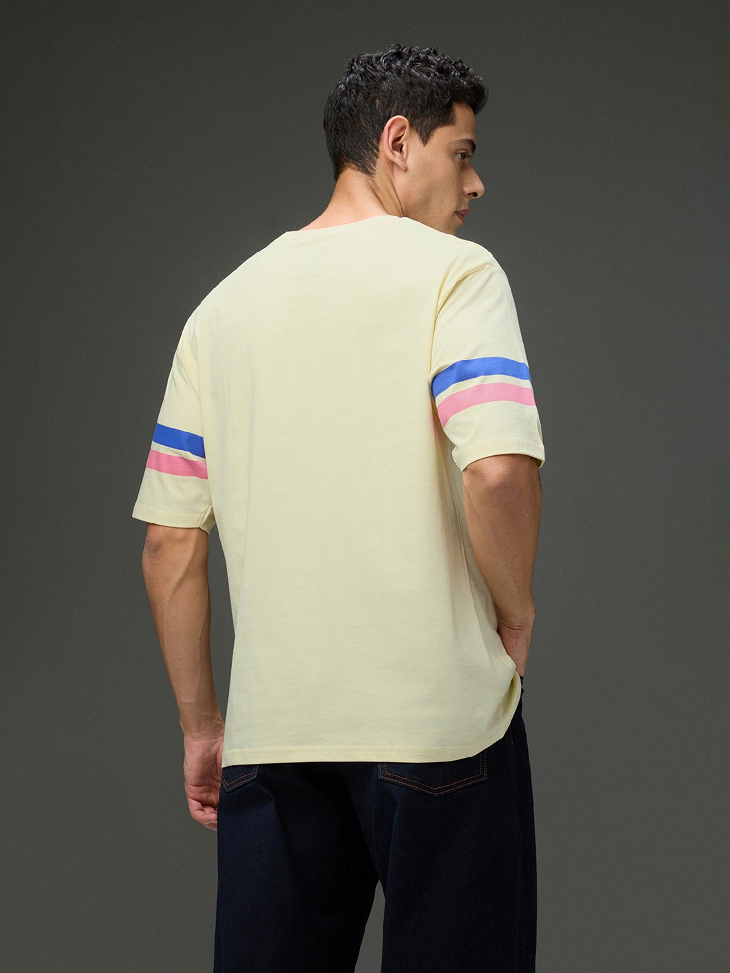Men Round Neck Half Sleeve Printed Oversized Fit Beige T-Shirt