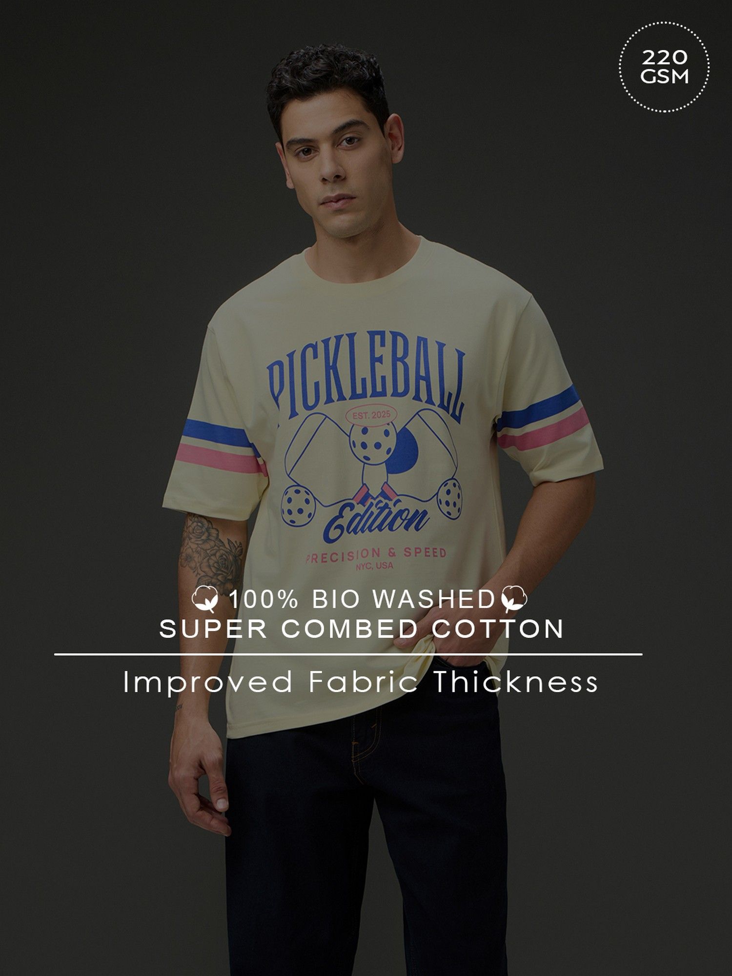 Men Round Neck Half Sleeve Printed Oversized Fit Beige T-Shirt