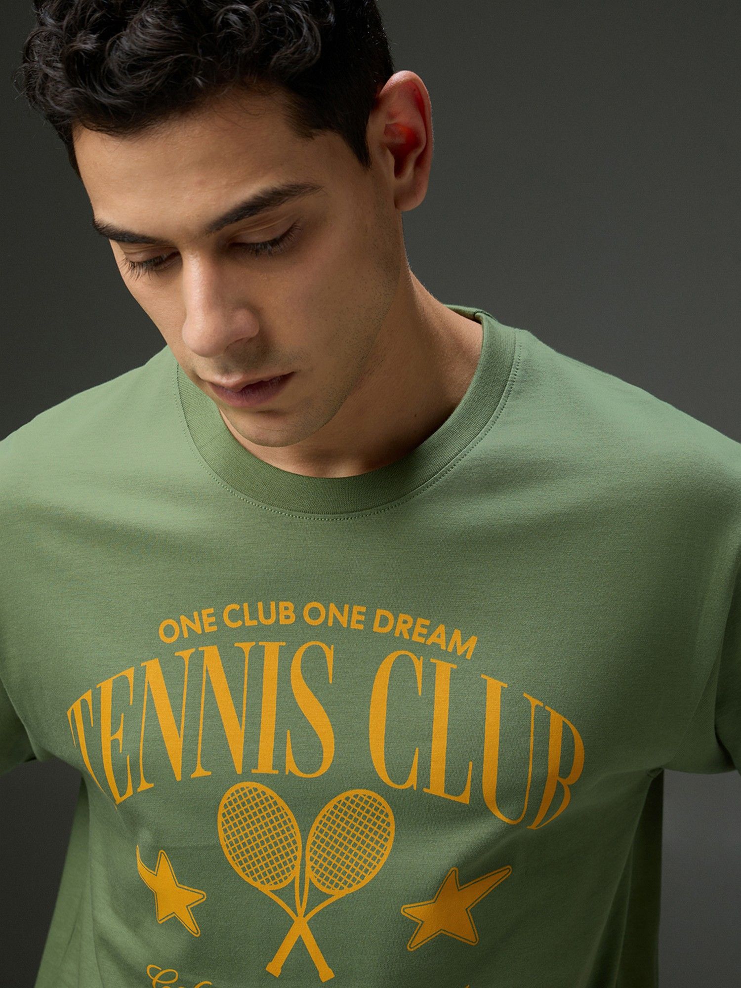 Men Round Neck Half Sleeve Printed Oversized Fit Green T-Shirt