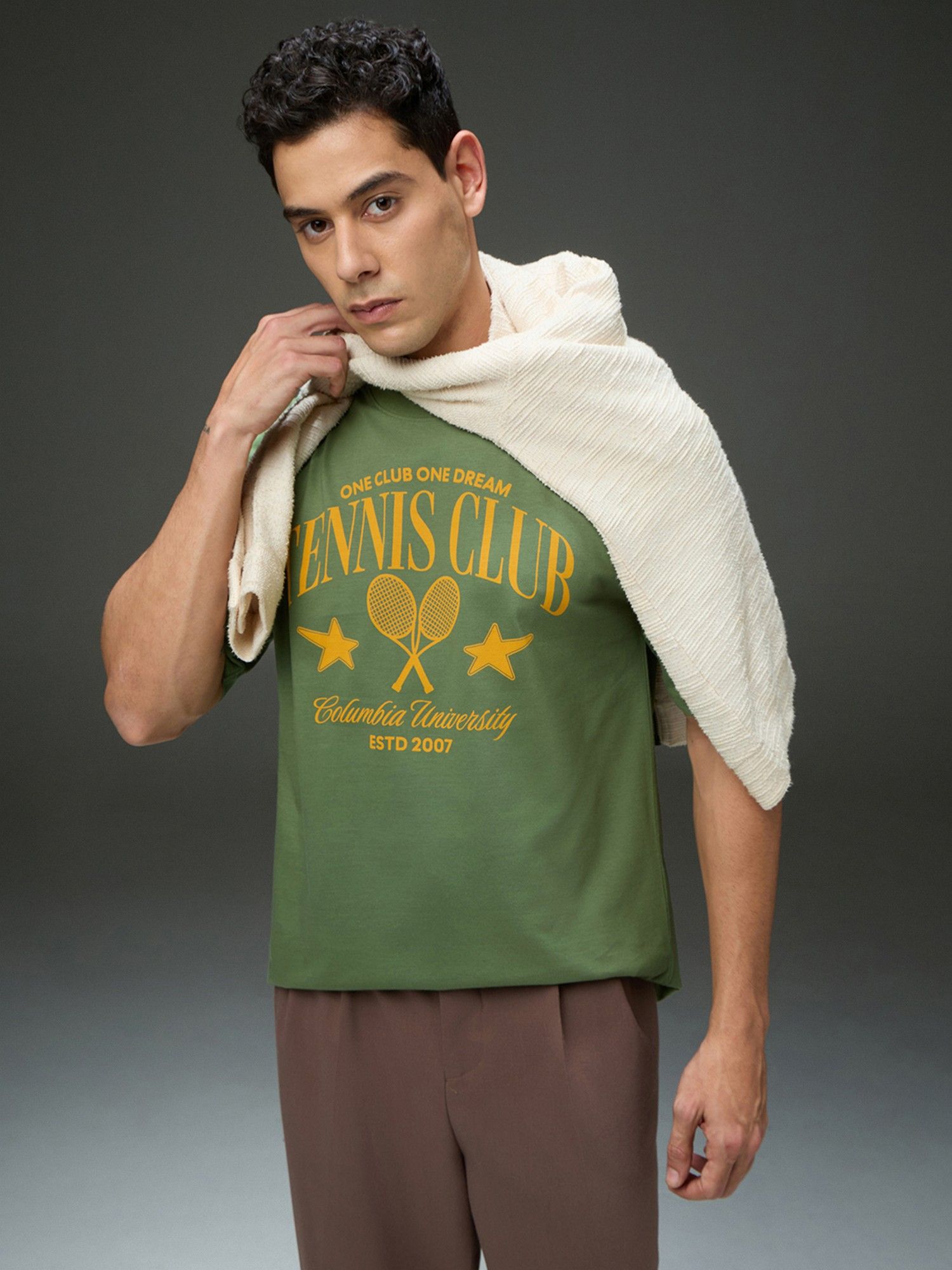 Men Round Neck Half Sleeve Printed Oversized Fit Green T-Shirt
