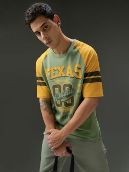 DILLINGER - Men Round Neck Green Raglan Sleeve Printed Oversized Fit T-Shirt