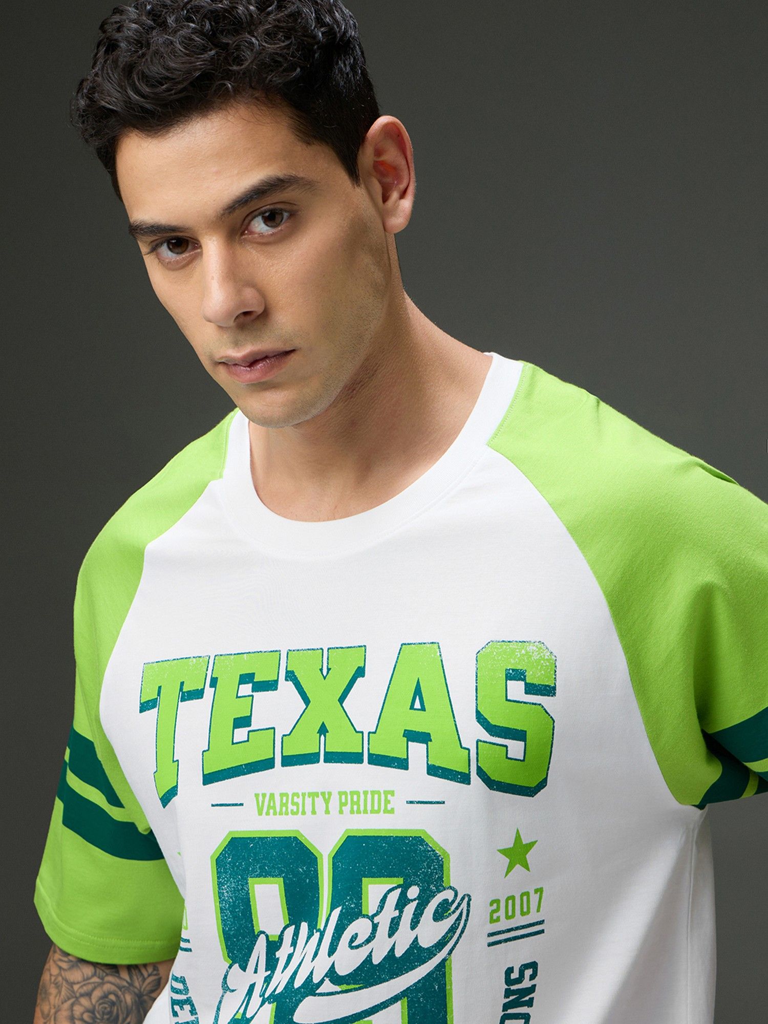 Men Round Neck White Raglan Sleeve Printed Oversized Fit T-Shirt
