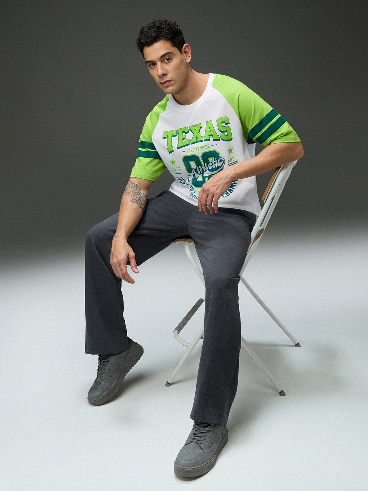 Men Round Neck White Raglan Sleeve Printed Oversized Fit T-Shirt