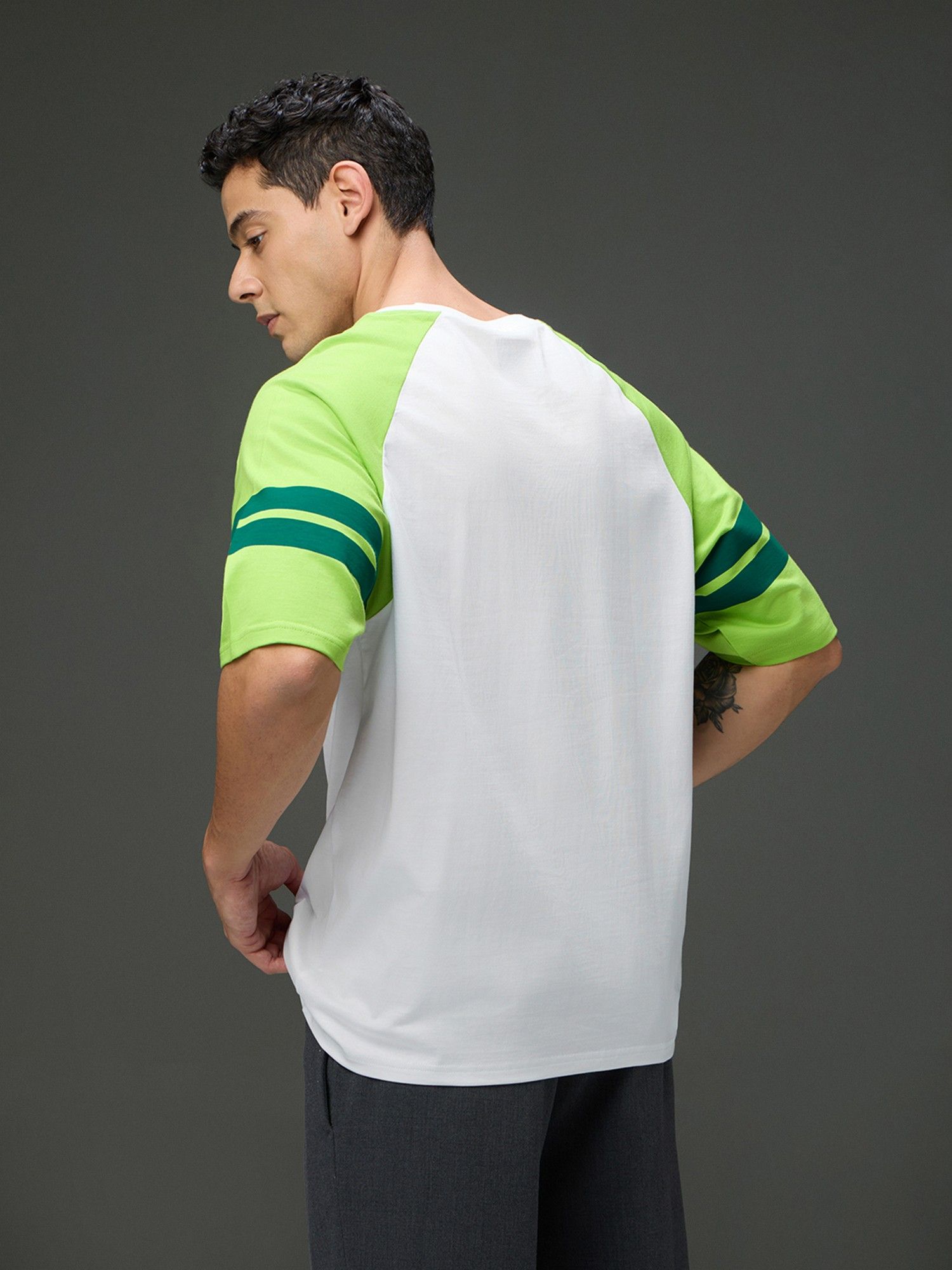 Men Round Neck White Raglan Sleeve Printed Oversized Fit T-Shirt