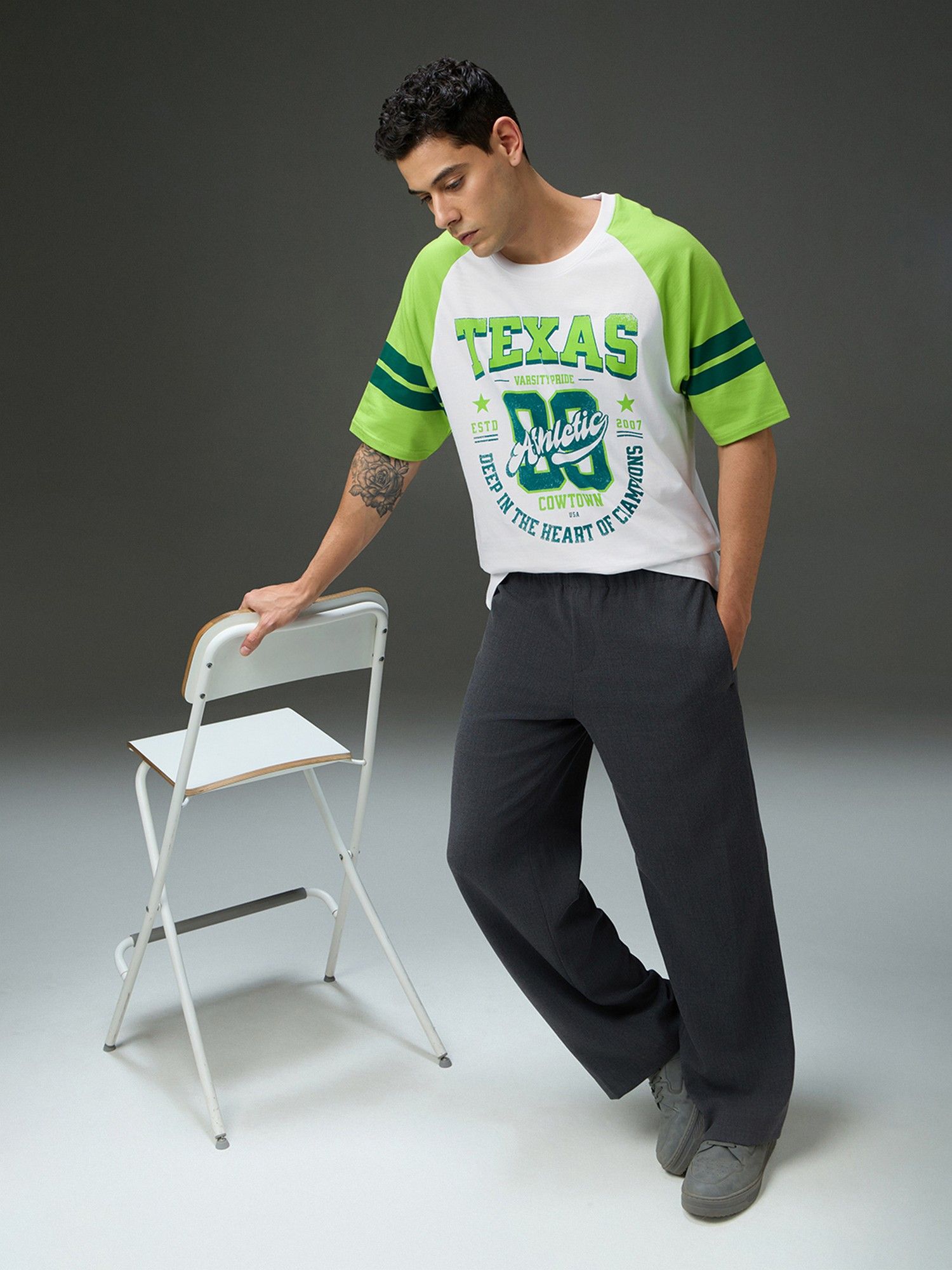 Men Round Neck White Raglan Sleeve Printed Oversized Fit T-Shirt