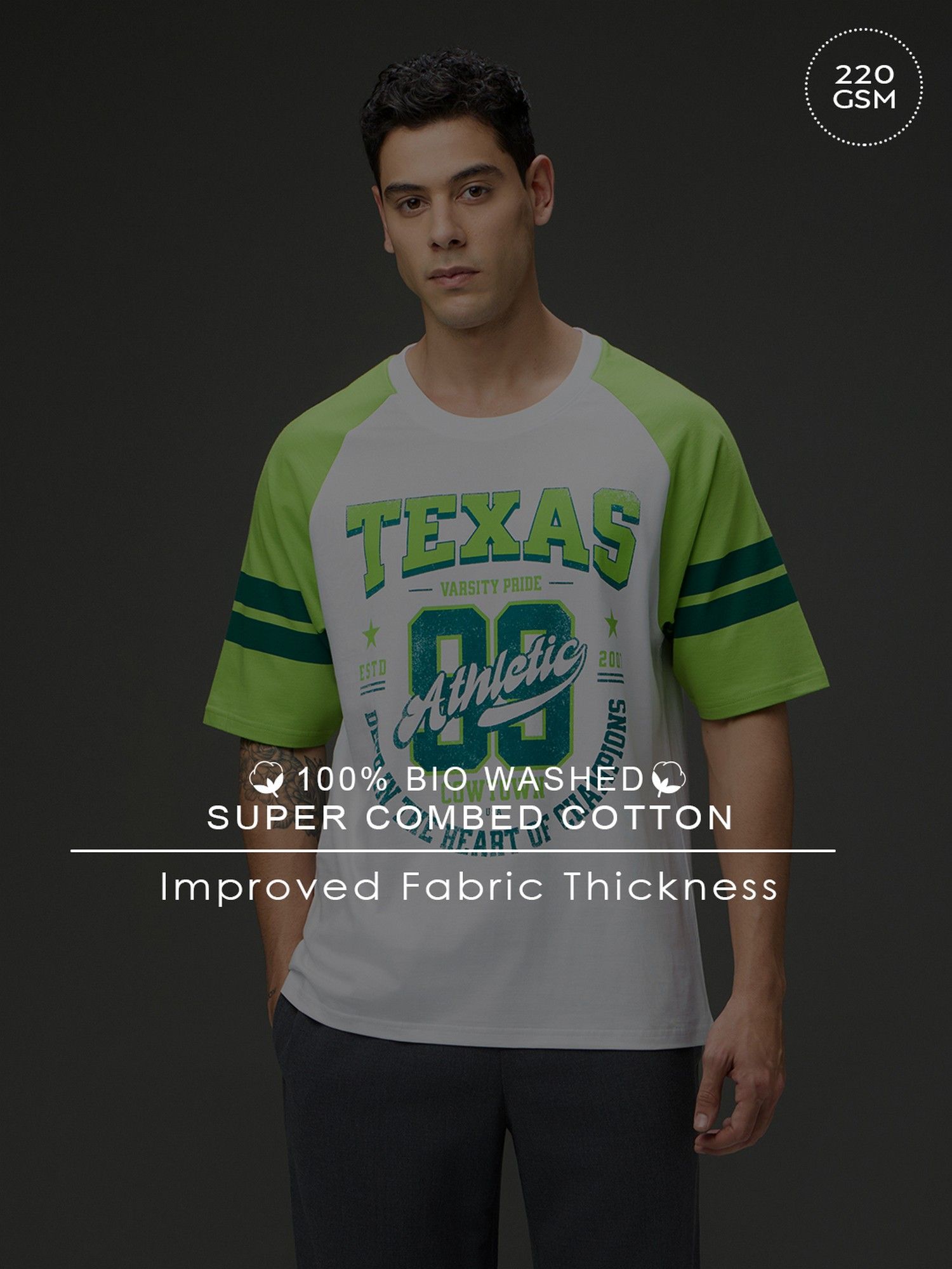 Men Round Neck White Raglan Sleeve Printed Oversized Fit T-Shirt