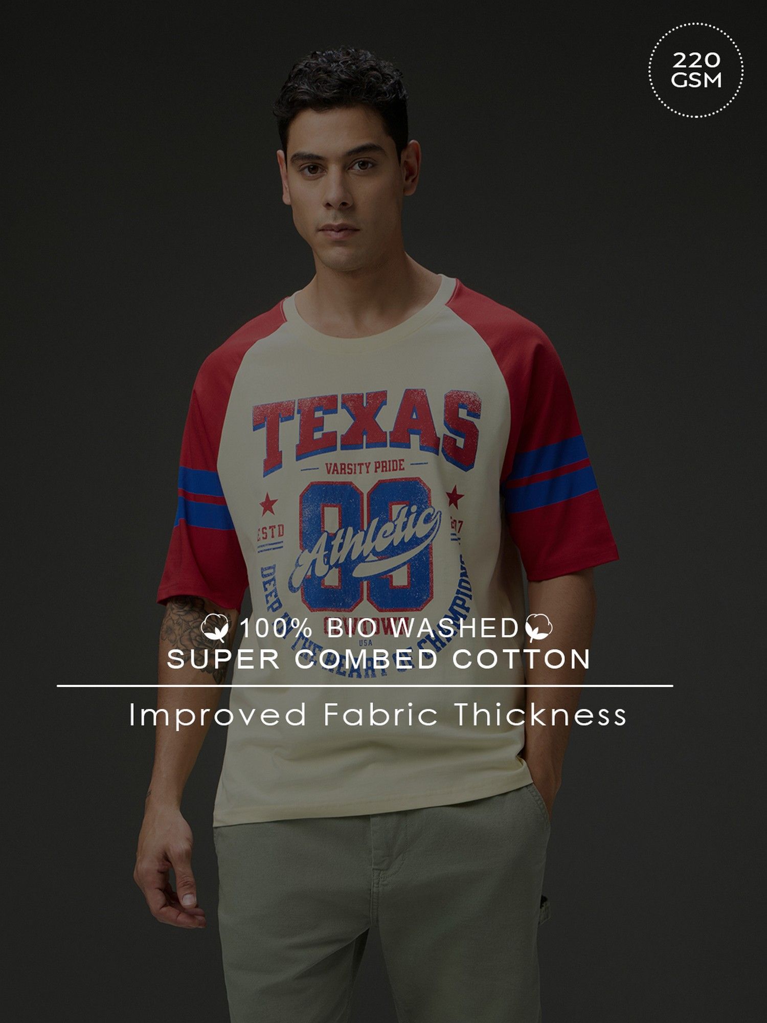 Men Round Neck Off White Raglan Sleeve Printed Oversized Fit T-Shirt