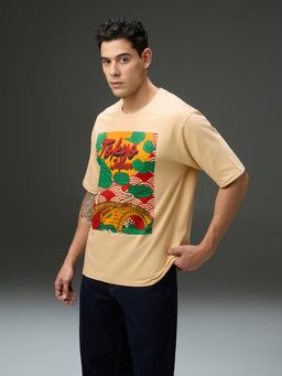 DILLINGER - Men Beige Round Neck Half Sleeve Printed Oversized Fit T-Shirt