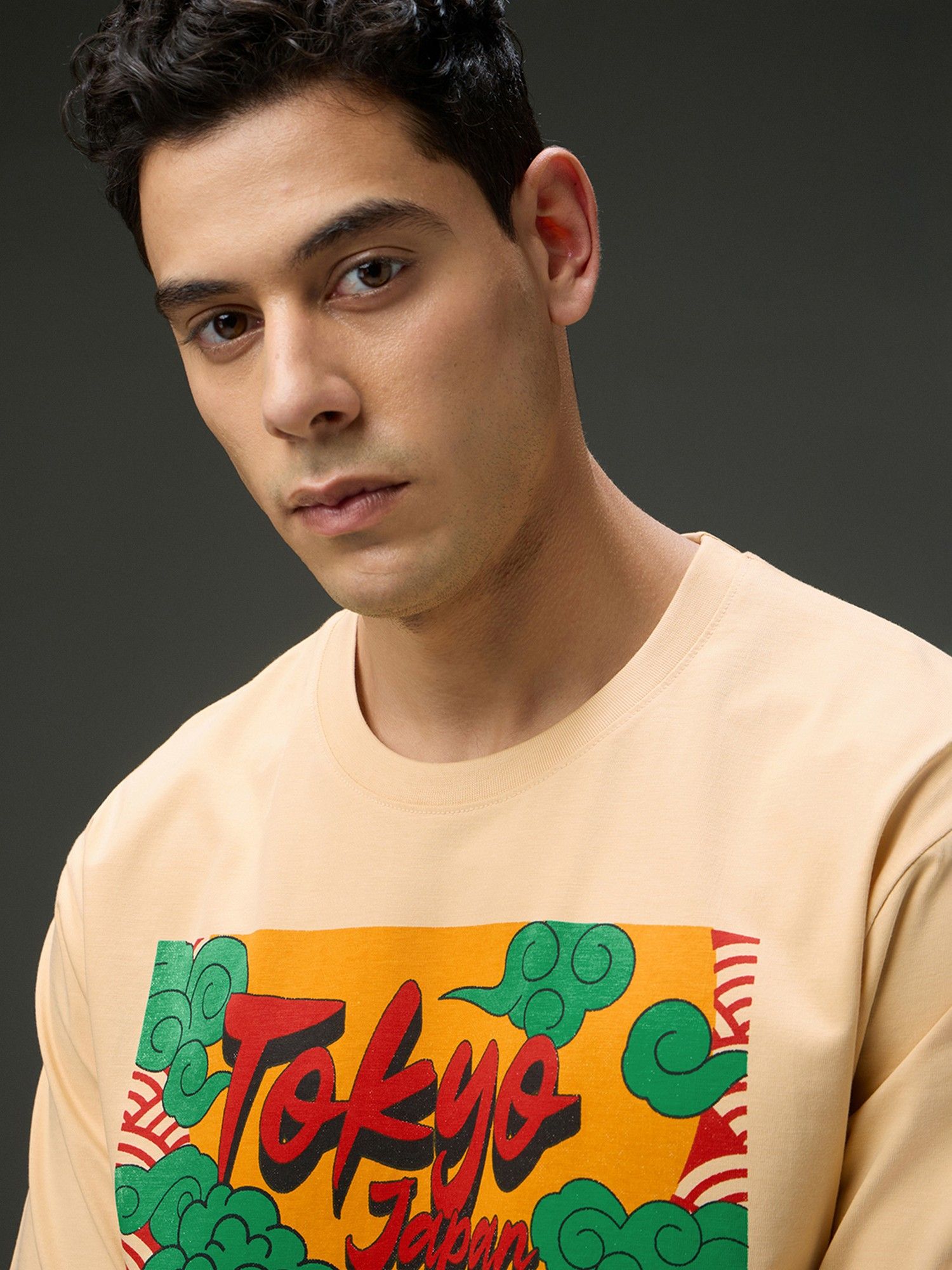 Men Beige Round Neck Half Sleeve Printed Oversized Fit T-Shirt