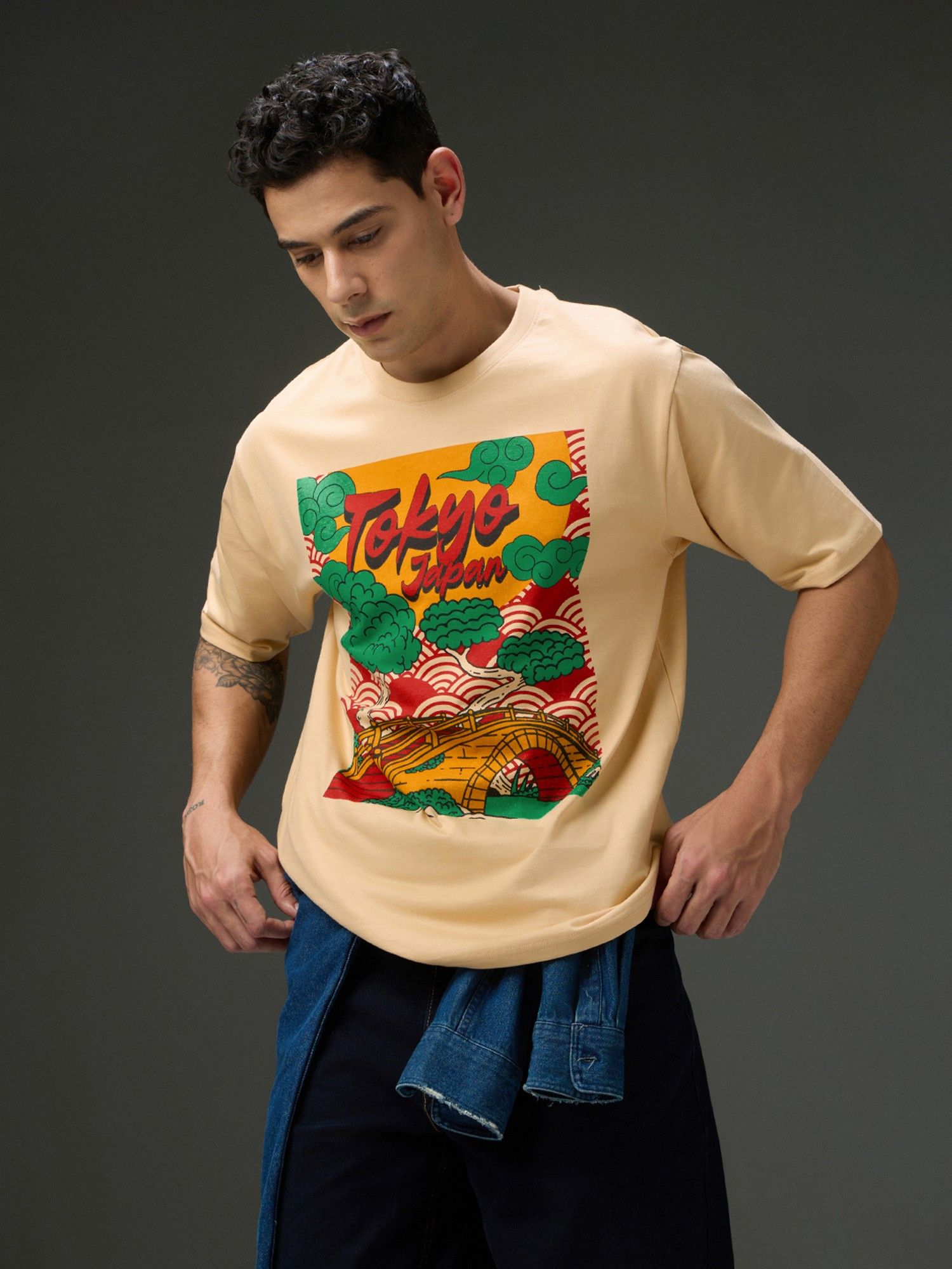 Men Beige Round Neck Half Sleeve Printed Oversized Fit T-Shirt