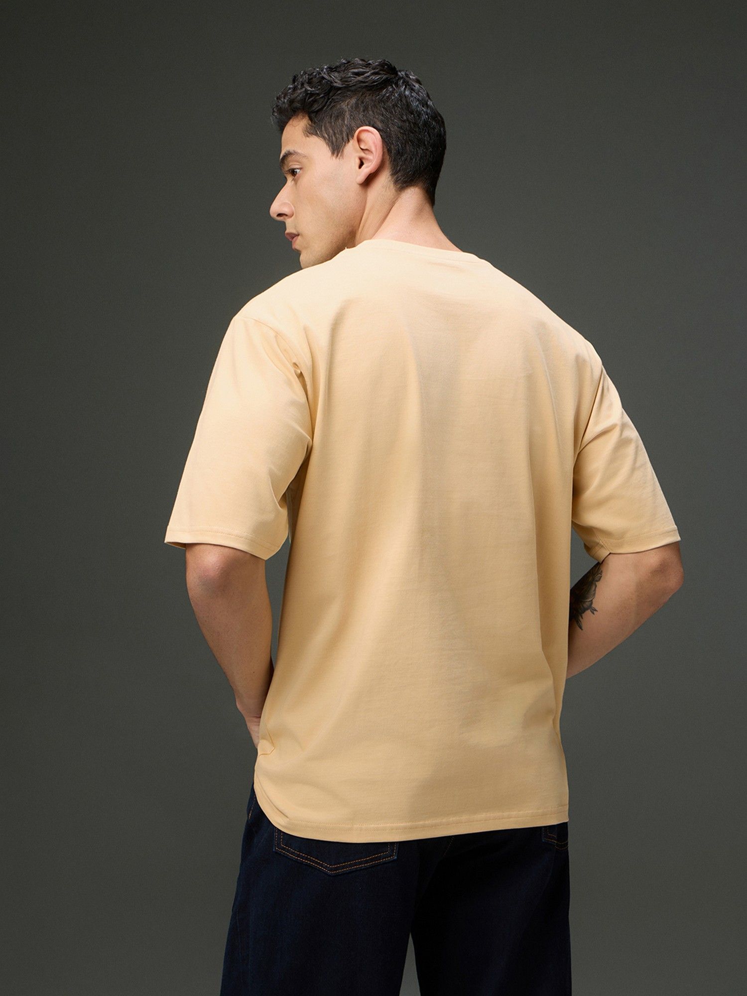 Men Beige Round Neck Half Sleeve Printed Oversized Fit T-Shirt