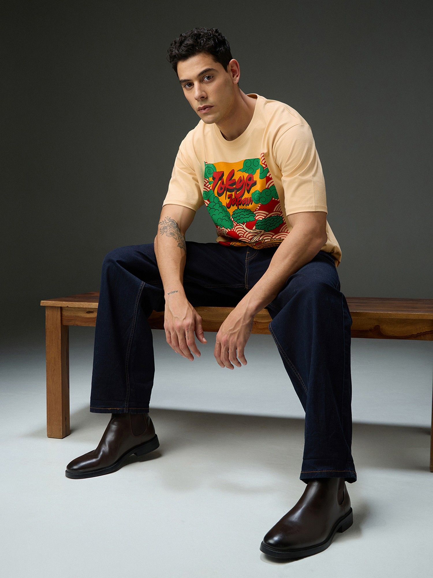 Men Beige Round Neck Half Sleeve Printed Oversized Fit T-Shirt
