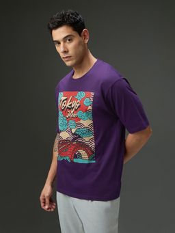 DILLINGER - Men Purple Round Neck Half Sleeve Printed Oversized Fit T-Shirt