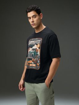 DILLINGER - Men Round Neck Black Half Sleeve Printed Oversized T-Shirt