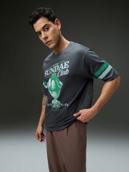 DILLINGER - Men Round Neck Grey Half Sleeve Printed Oversized Fit T-Shirt
