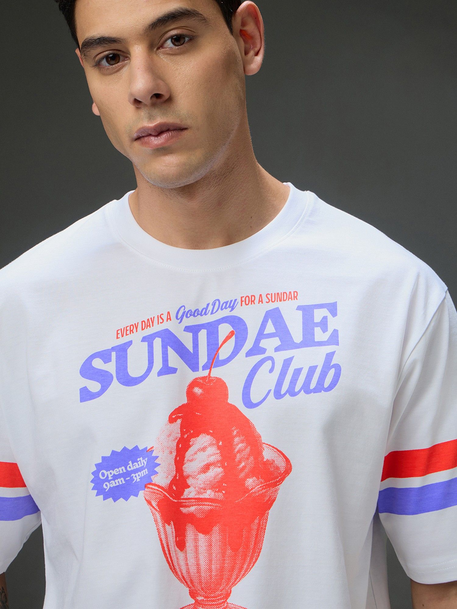 Men Round Neck White Half Sleeve Printed Oversized Fit T-Shirt