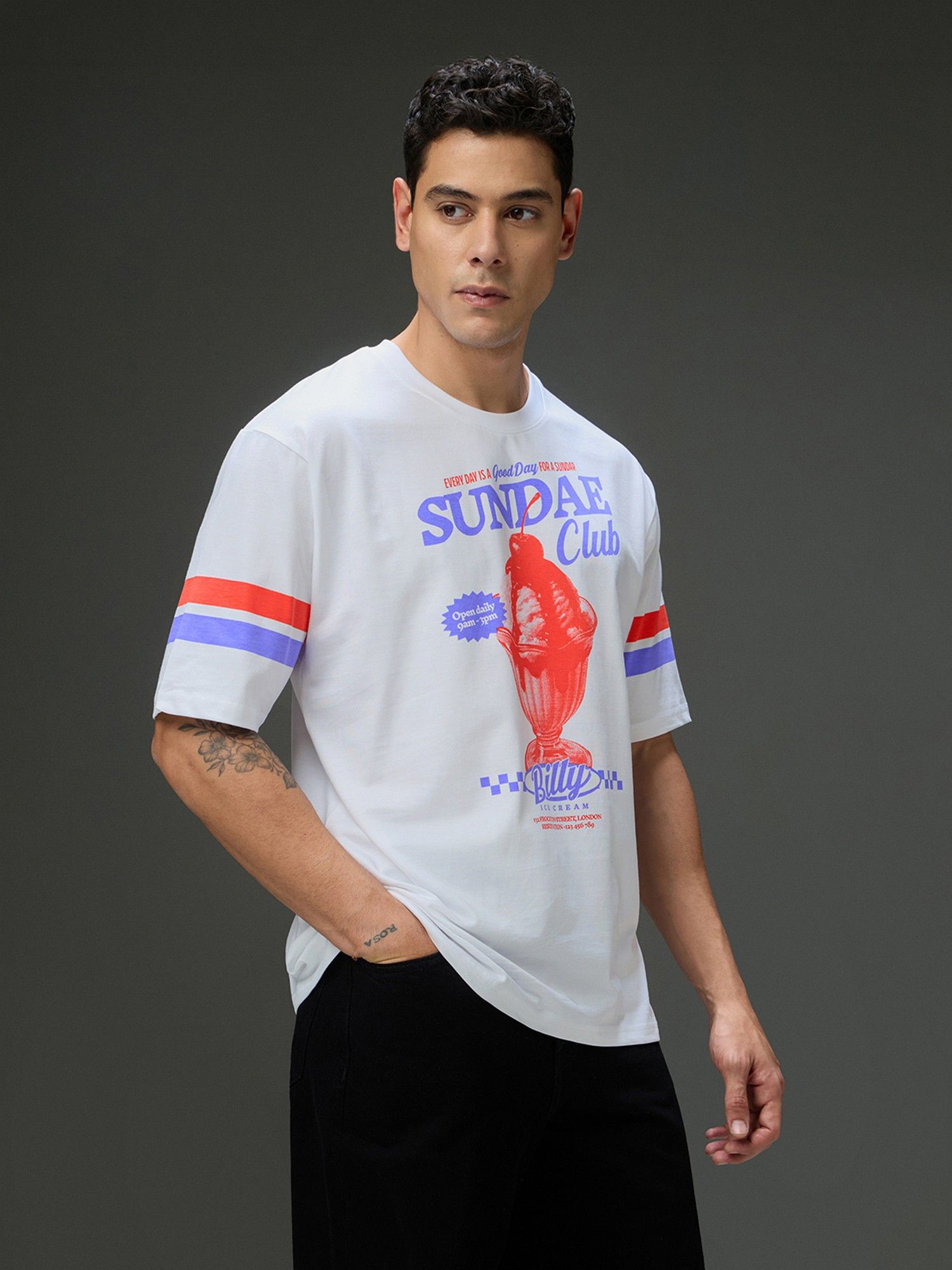 Men Round Neck White Half Sleeve Printed Oversized Fit T-Shirt